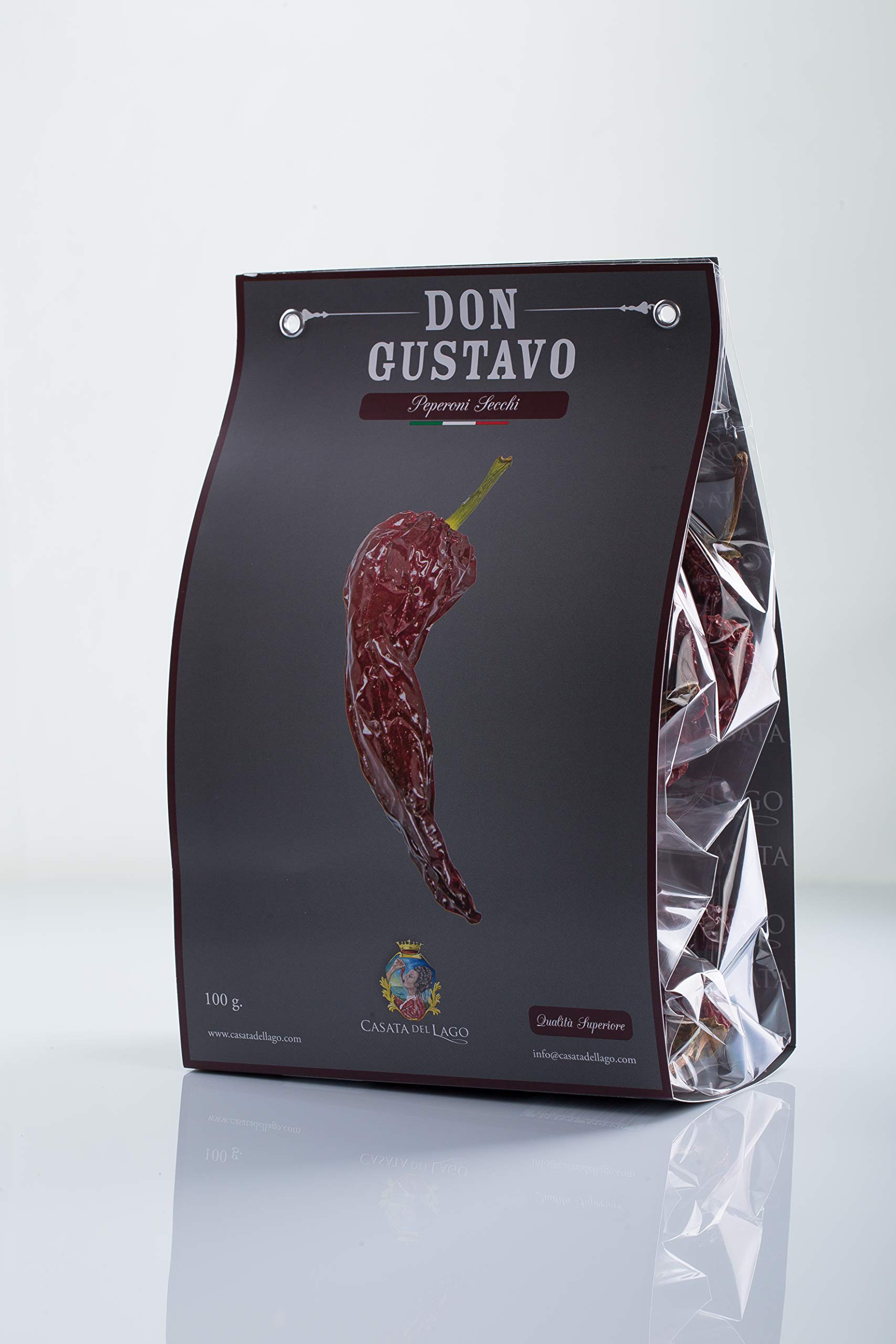 Peperoni Cruschi, la confezione completa: 2 confezioni Don Geppino da 25 grammi e 1 confezione Don Gustavo da 100 grammi