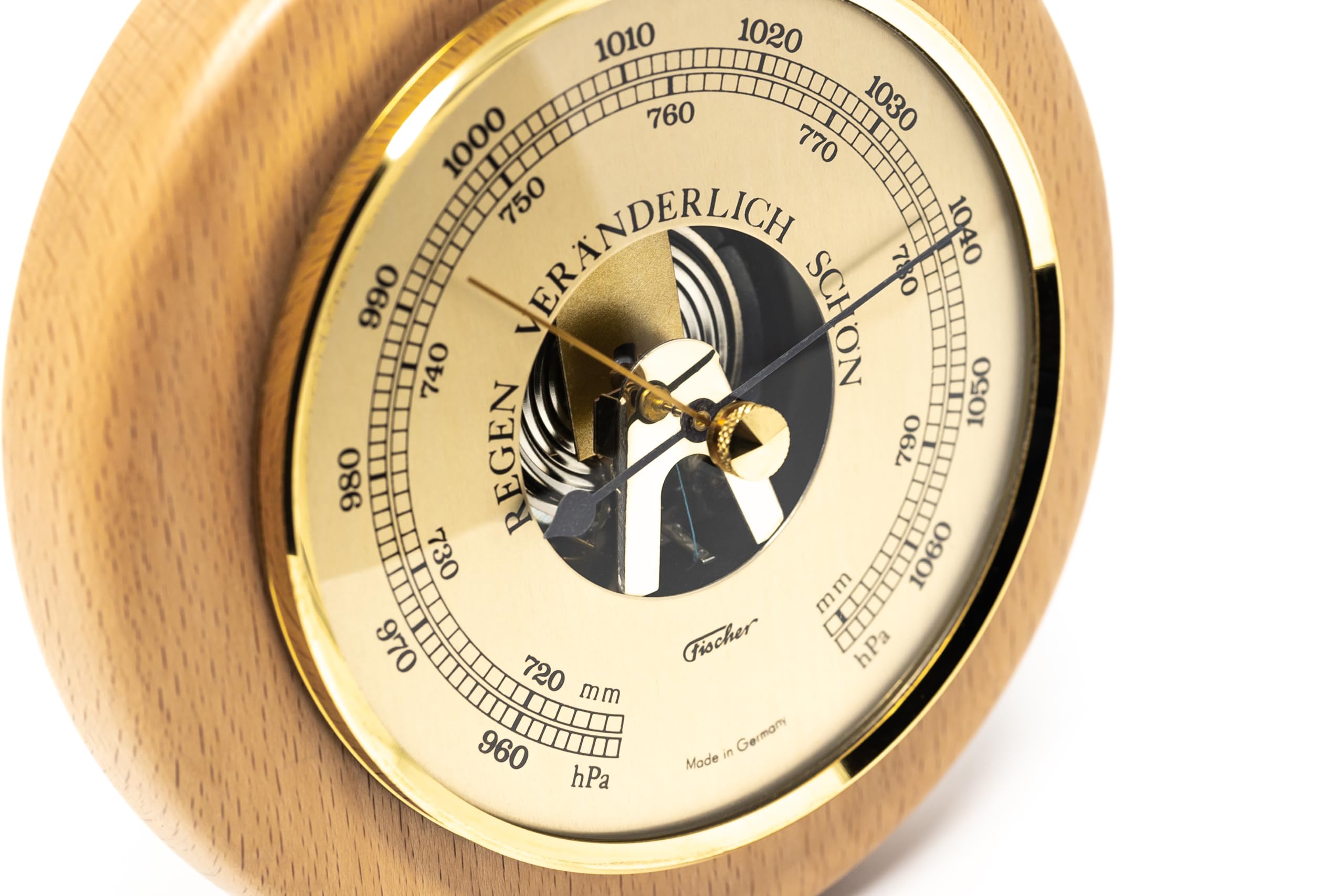 Fischer 1366R-02 Barometer - 140 mm Druckmessgerät mit Buche-Echtholz-Gehäuse gebeizt - Made in Germany