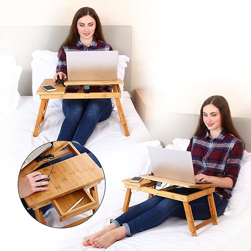 Miniatura 8 de Escritorio para portátil Nnewvante Mesa ajustable de bambú plegable bandeja de cama para servir desayuno con cajón superior inclinable