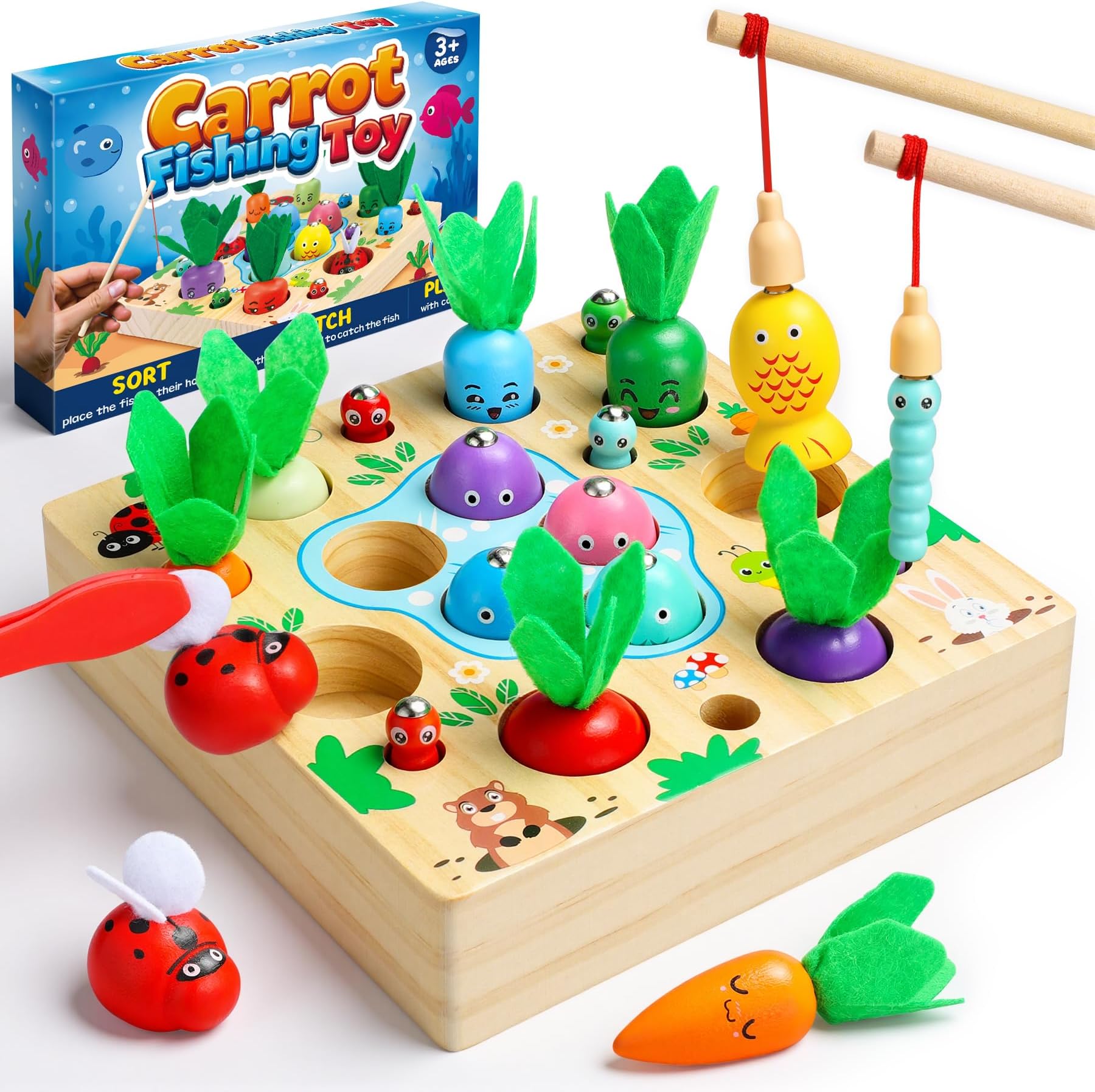COOLJOY Wooden Fishing Game Toy, 4 In 1 Magnetic Montessori Toys for 2 Year Olds, Carrots Harvest Toy Shape Sorter, Toddler Educational Gift for 2 3 4 Year Olds Girls Boys, Easter Gifts for Kids