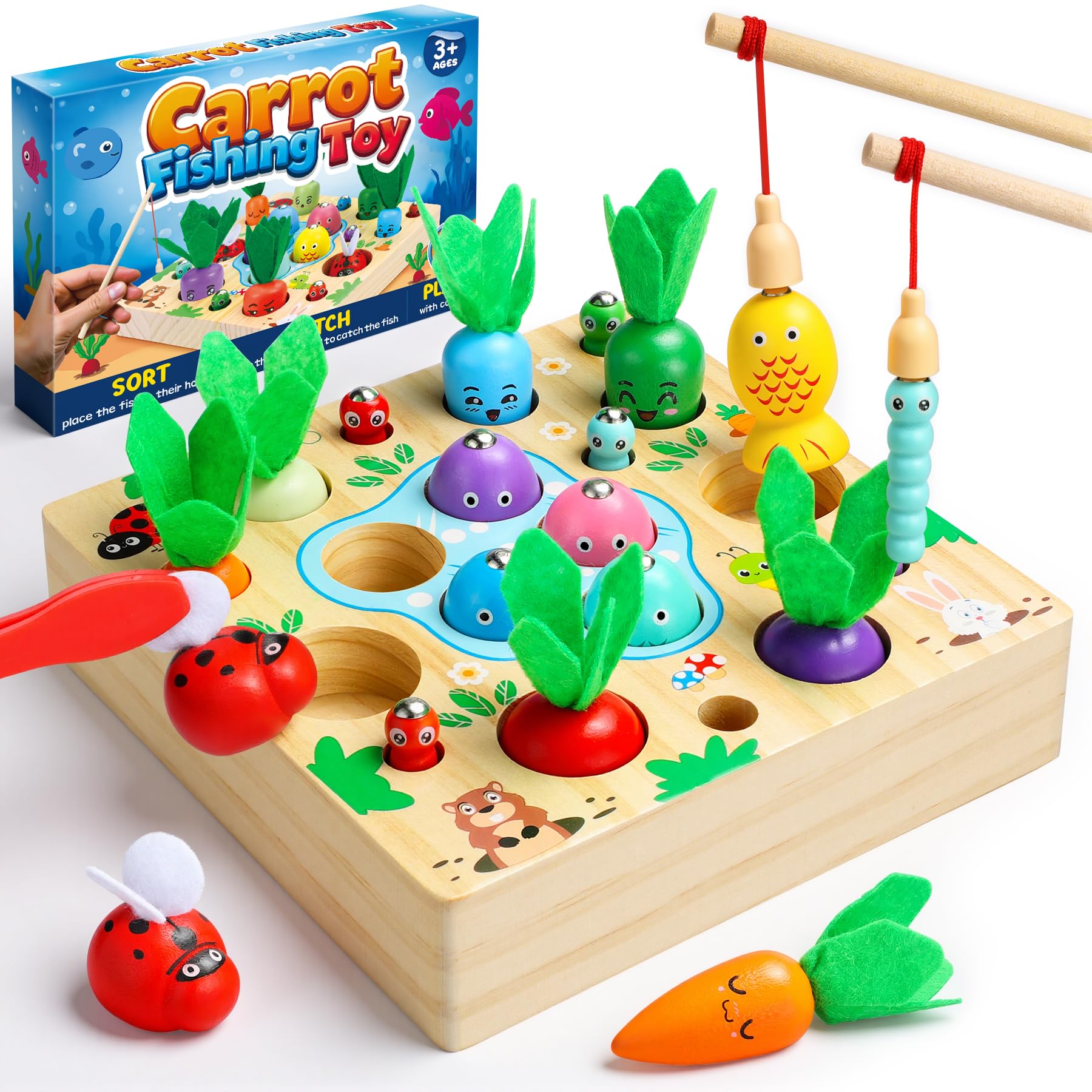 COOLJOY Montessori Spielzeug ab 2 3 Jahre, Karotten Steckspiel Holz, Magnetische Angelspie, Holzspielzeug Motorikspielzeug, Ostern Geschenke Kinder 2 3 4 Jahre Junge und Mädchen