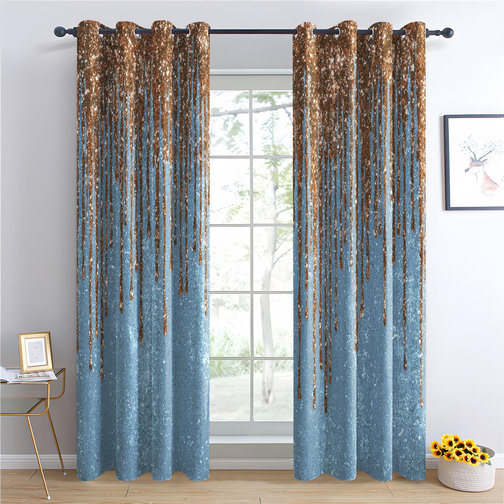 Venivici Glitter Blackout Curtains for Bedroom Living Room - 84 Inch Drop Curtains Eyelet, Gold Modern Luxury Patterned Window Treatments, Thermal Insulated Drapes 52x84 2 Panels