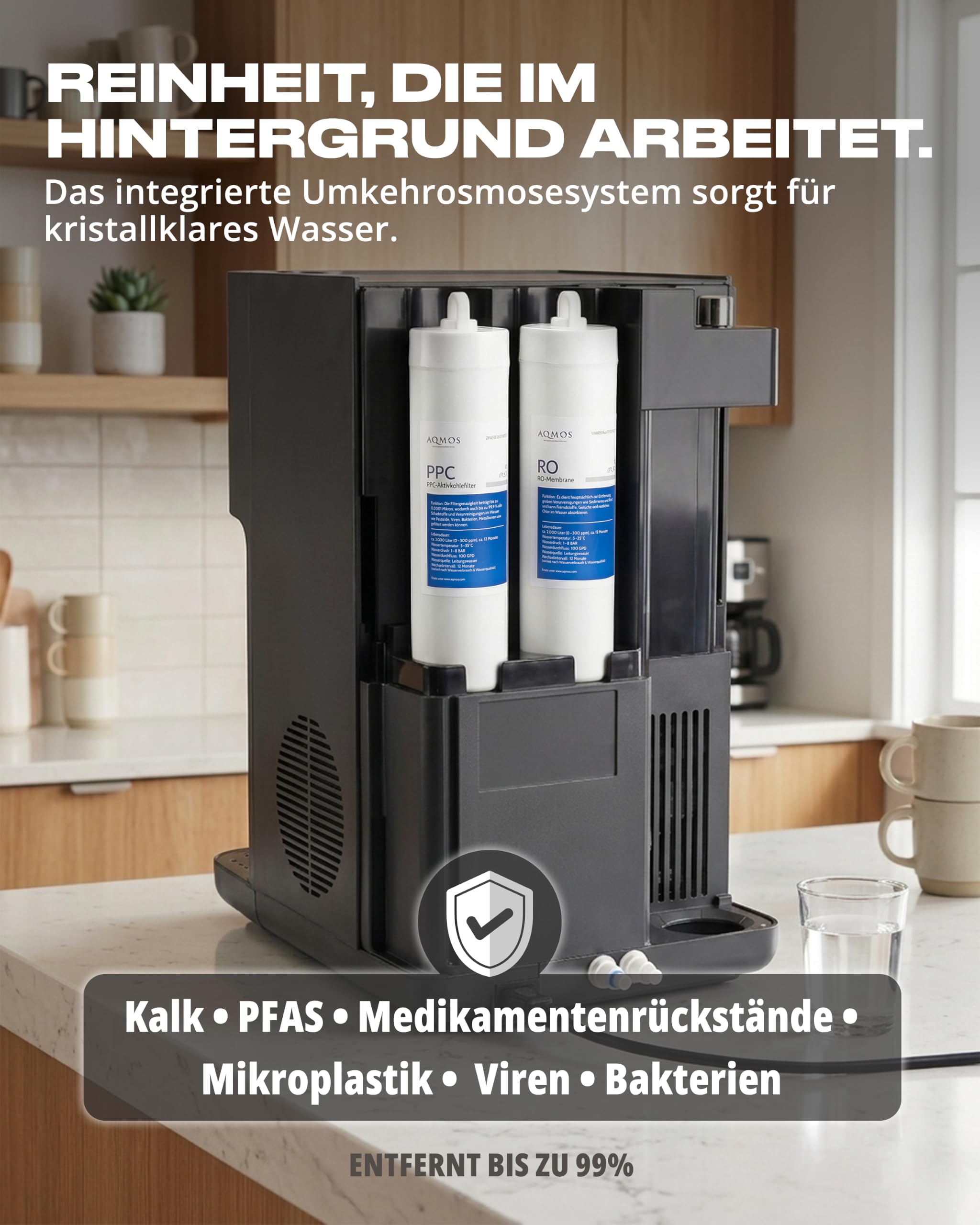 Dispensador de Agua Aqmos Drinking Negro – Sistema Premium Todo en uno con Agua con Gas y sin Gas, Caliente y fría (5–95 °C), ósmosis inversa integrada, Control táctil, para Cocina y Oficina