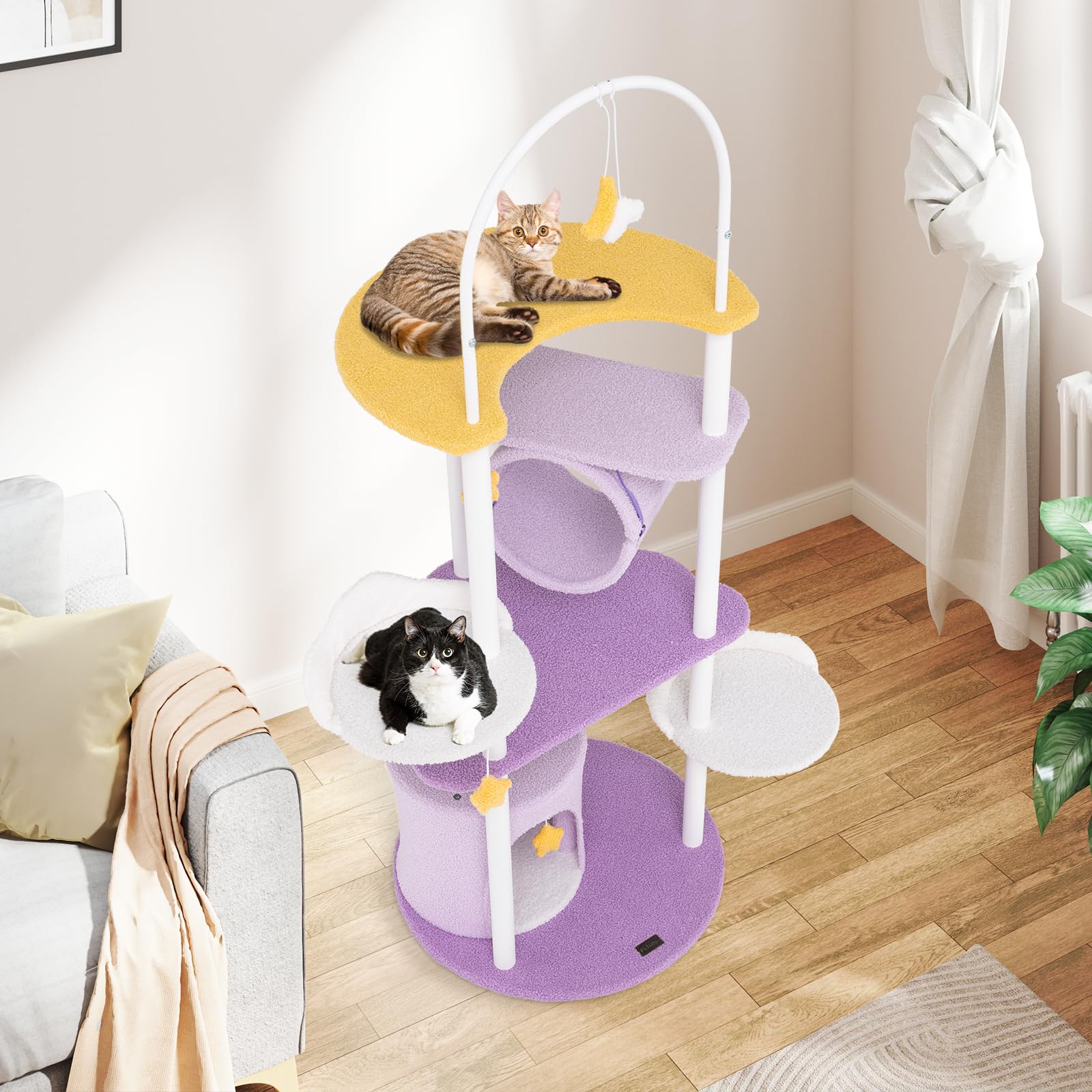 COSTWAY Tiragraffi per Gatti 158cm, Albero per Gatti con Multi Livelli, Struttura in Metallo, Trespolo Superiore e Piattaforme per Salti, Torre per Animali Interno, Viola, Bianco e Giallo