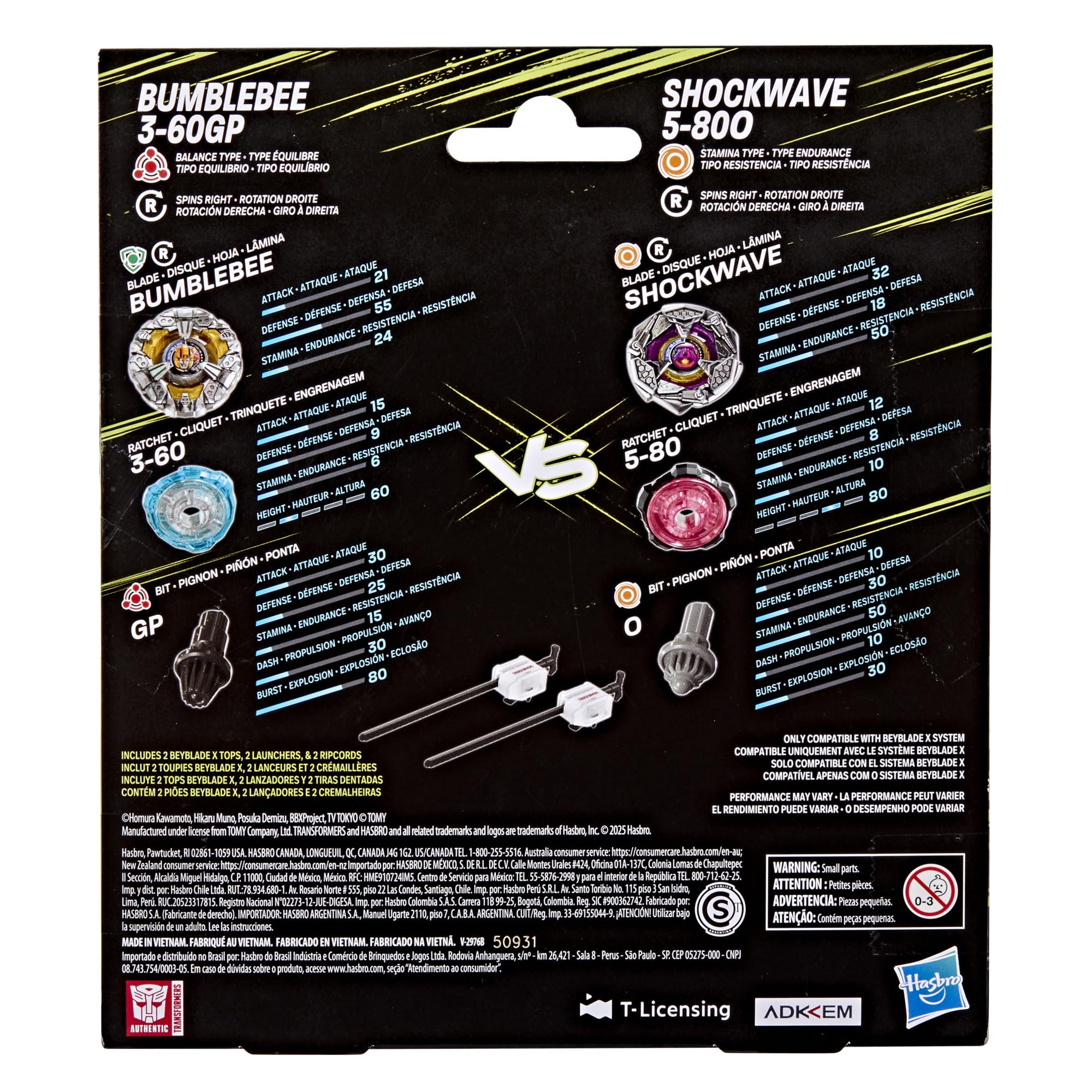 Colaboración Beyblade X and Transformers, Bumblebee 3-60GP vs. Shockwave 5-80O