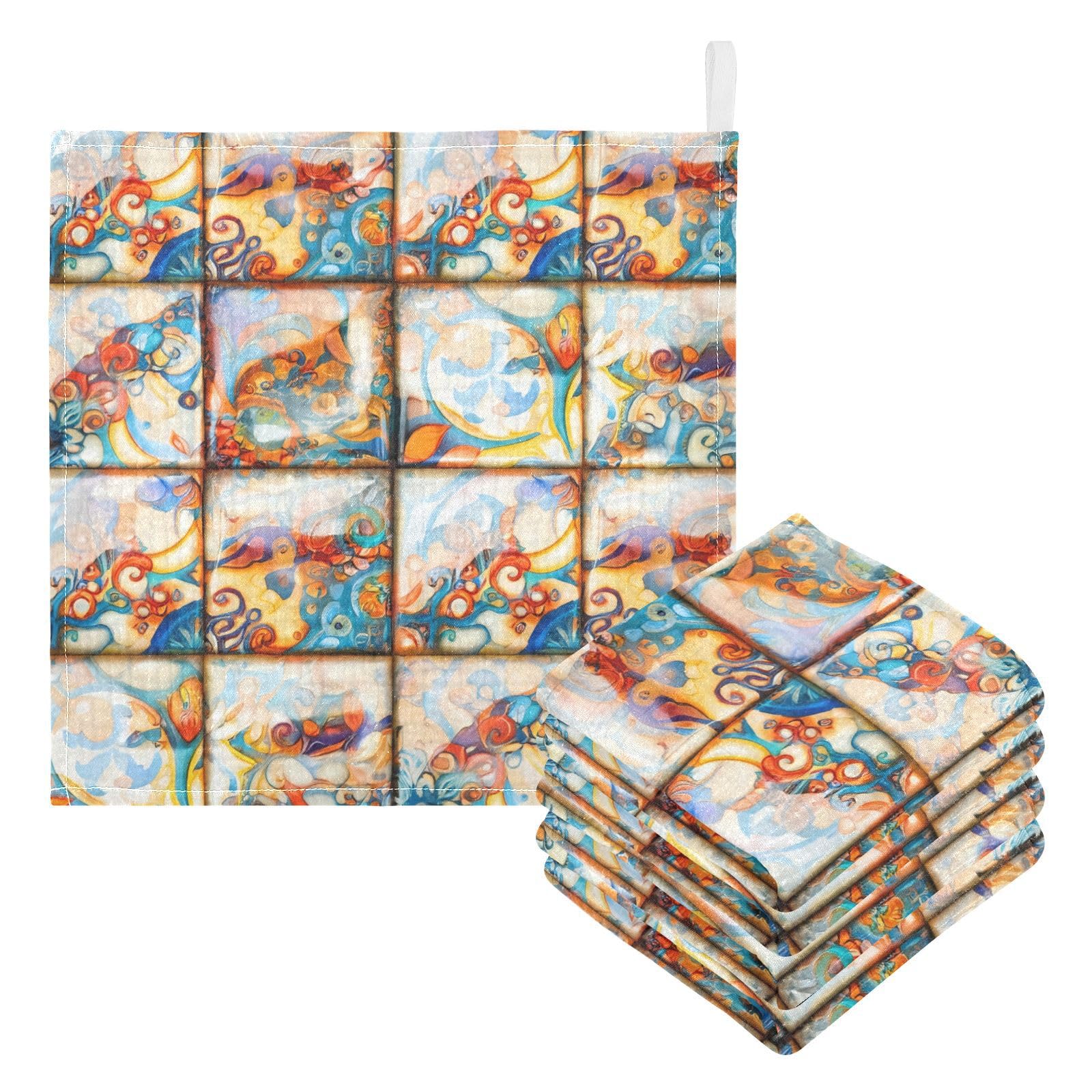 Nander 5Pack Baby Muslin Washcloths,Colorful Mediterranean Style Ceramic Tiles Soft Face Cloths for Newborn, Absorbent Bath Wash Cloths, Wipes, Burp Rag,Toddlers Essentials Stuff, Baby Registry as Sho