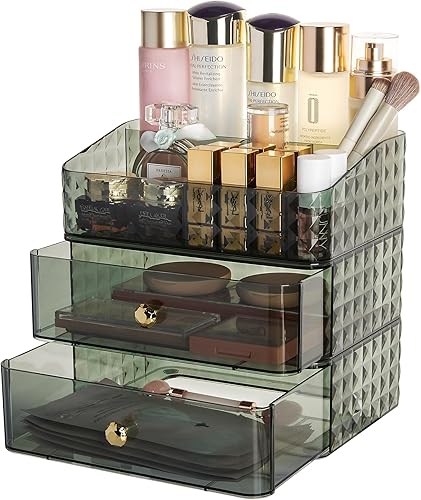 Vtopmart Organizador de maquillaje de 3 capas para tocador, organizador apilable de almacenamiento de maquillaje para tocador, encimera de baño,