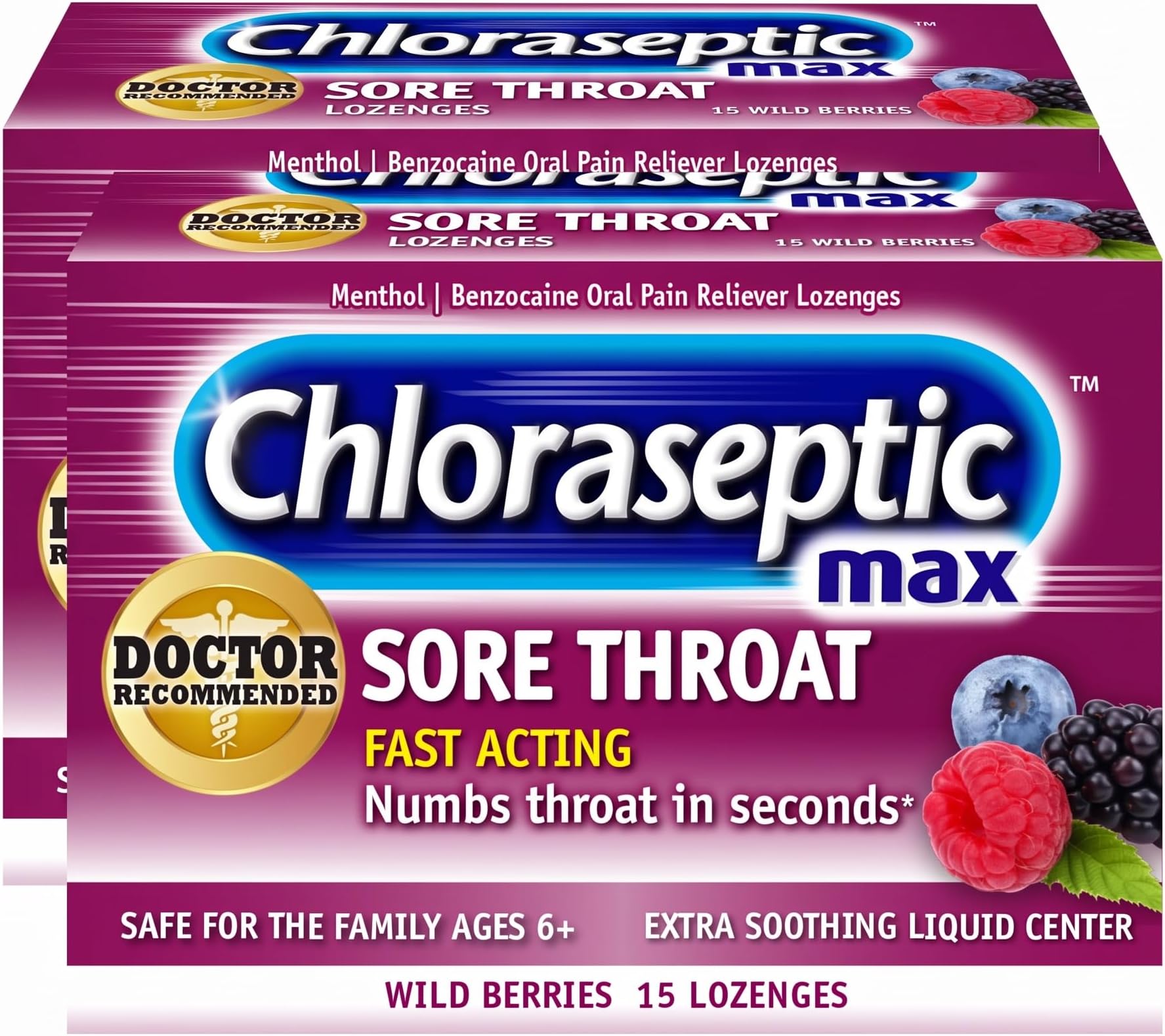 Chloraseptic Max Strength Sore Throat Relief Lozenges, Wild Berry, Drops with Liquid Center to Numb Sore Throat, 15 Count (Pack of 2)