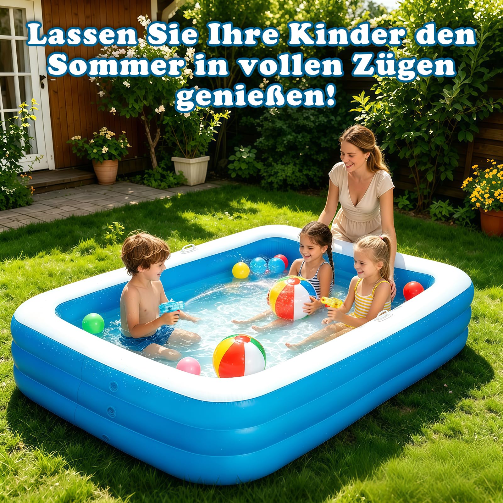 Planschbecken für Kinder, Aufblasbarer Planschbecken Rechteckig mit 2 Beachball und 2 Mini-Wasserpistole, Verdickter Swimmingpool Kinder für Garten, Outdoor, Sommer-Wasserpartys (Blau)