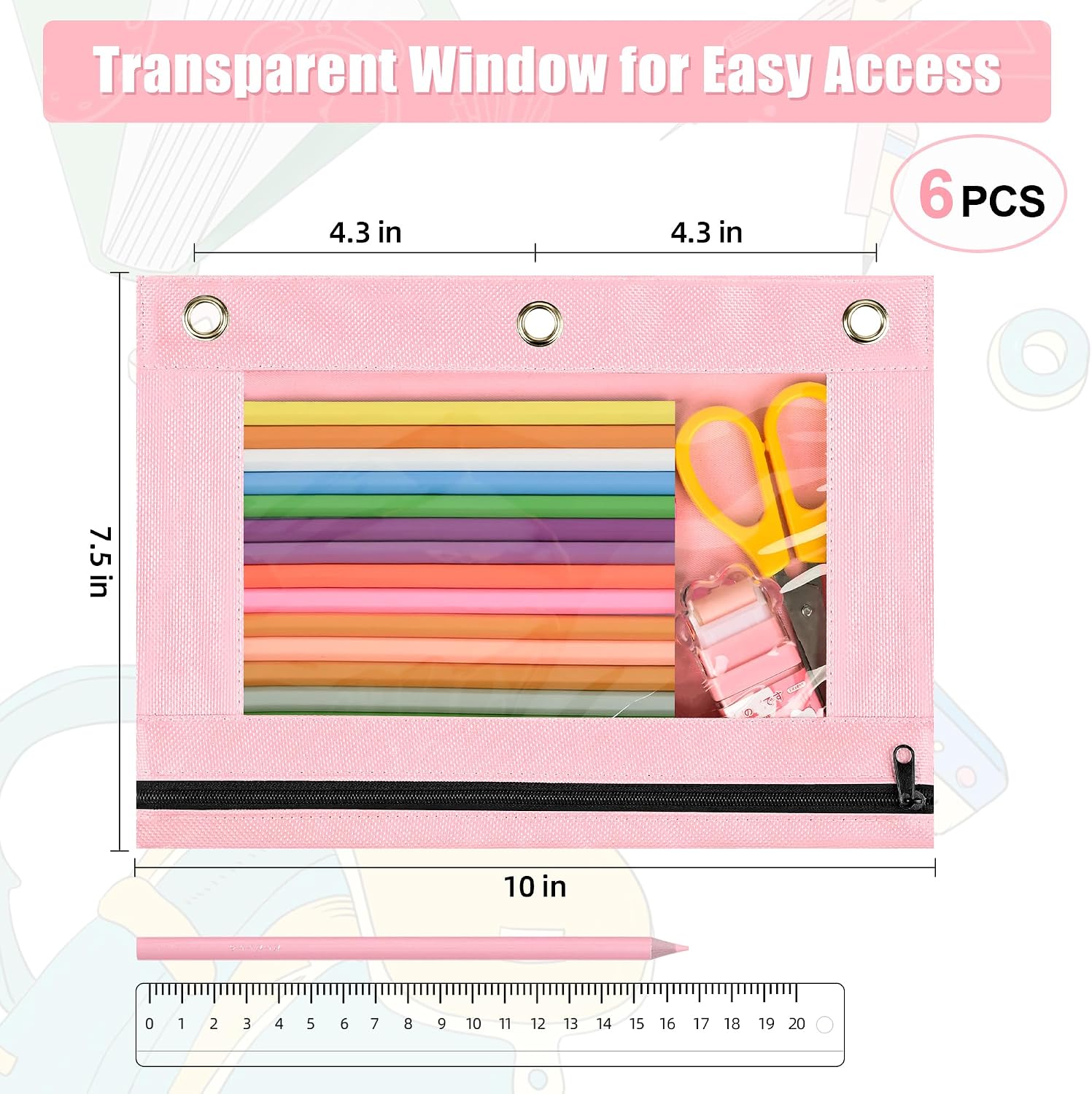 Lanpn Pencil Pouch for 3 Ring Binder 6 Pack, Pink Binder Pen Bags with Zipper, Cute 3 Holes Pencil Pouches Organizer for Boy Girl Kids School Student, Reinforced Grommets & Clear Window