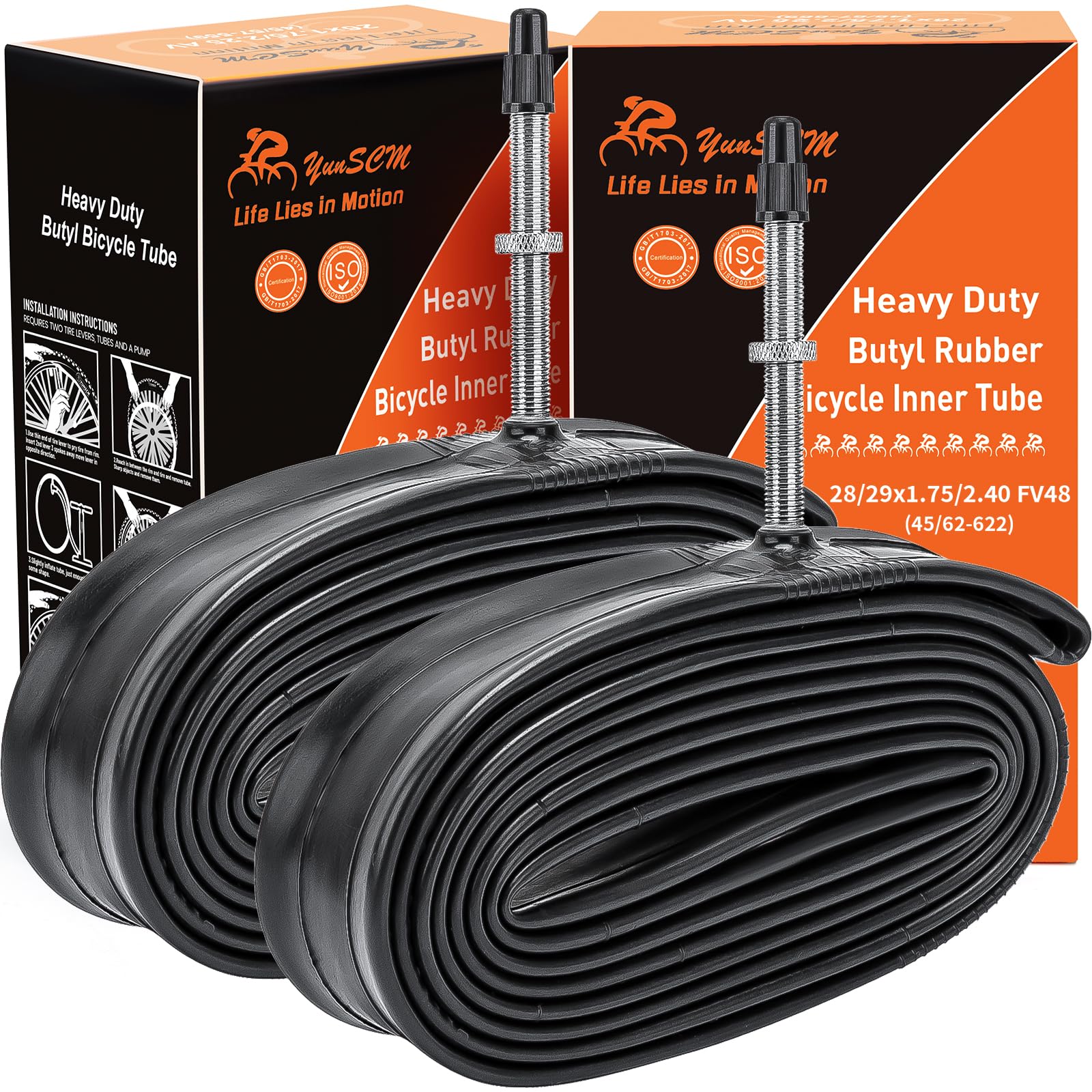 YUNSCM 28"/29" Heavy Duty Bike Tubes 29x1.75/2.4 28x1.75/2.4 (45/62-622) Bike Tubes FV48mm Presta Valve Compatible with 28/29x1.75/1.95/2.0/2.1/2.125/