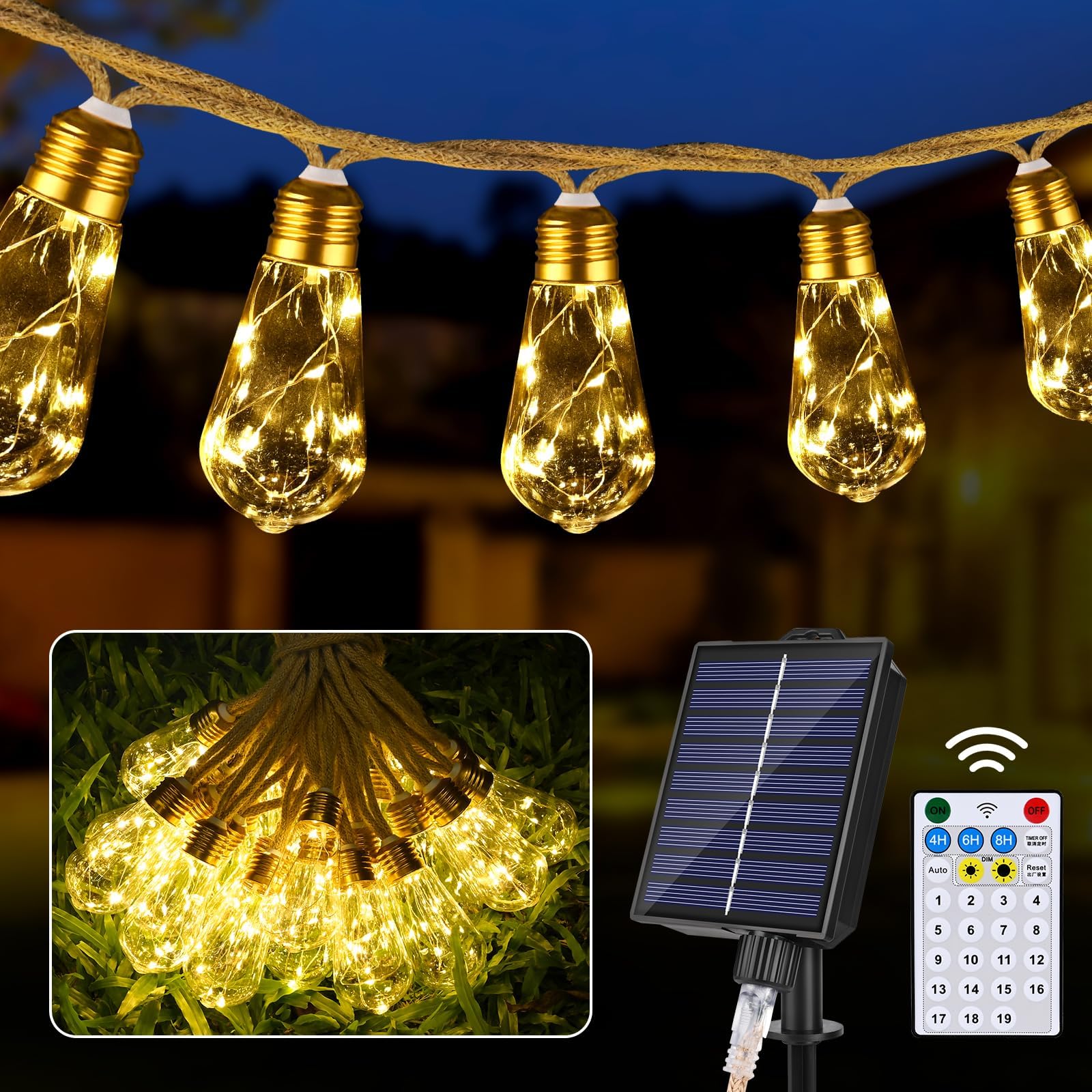 GuKKK Guirnaldas Luces Exterior Solar 10M, Cuerda de cáñamo Vintage LED Cadena de Luz con 24 Bombillas, 8 Modos Impermeable Bombillas Solares Exterior Jardin, para Patio, Fiesta, Exterior y Interior