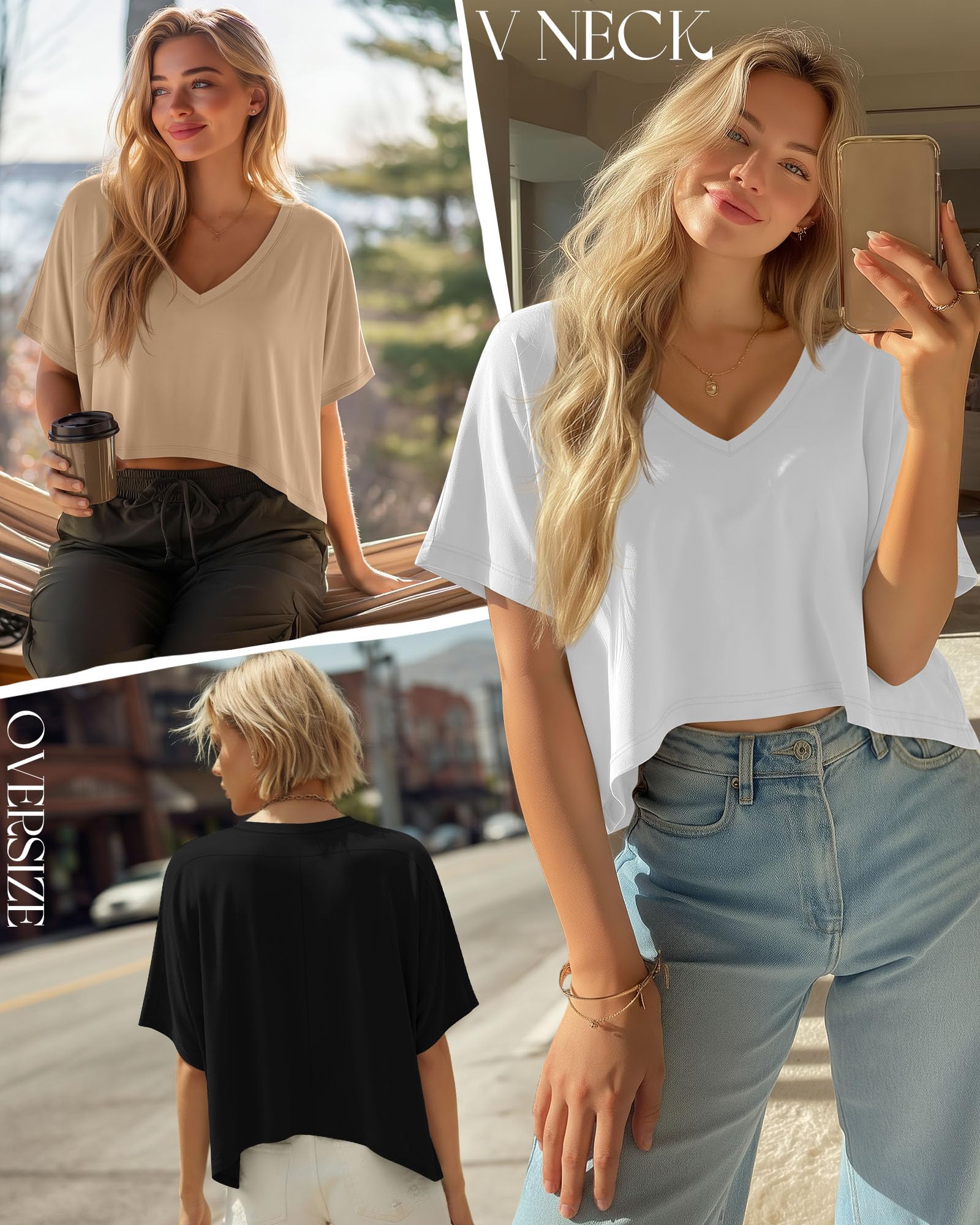 Geyoga Lot de 3 Crop Tops Oversize Femme Col V | T-shirts Amples, Hauts Manches Courtes, Tops À Ourlet Asymétrique, Vêtements Respirants, Tenue Décontractée, Mode