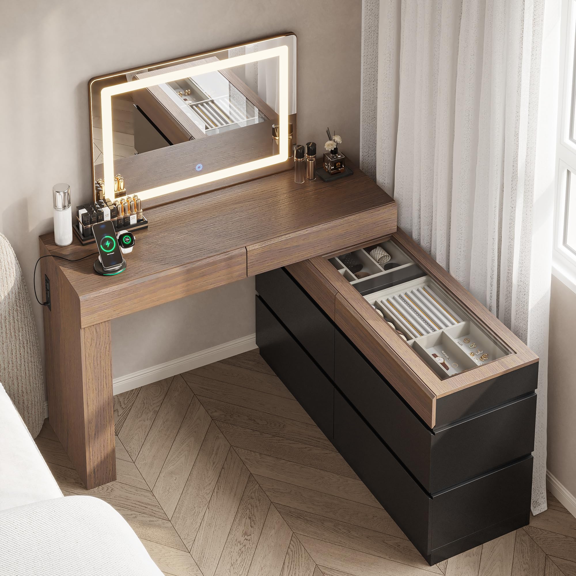 large makeup vanity desk with mirror and lights, 3-in-1 convertible vanity with storage 3-light modes led, built-in power hub & jewelry organizer, 8-drawer makeup desk for bedroom (incomplete only mirror and parts wood) 
