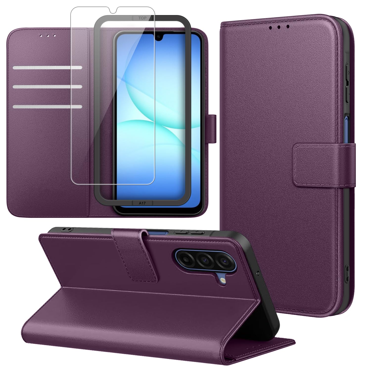 Ysjisy Cover Compatibile con Samsung Galaxy A17 4G/ 5G, con 1 Pezzo Vetro Temperato Pellicola Protettiva e 1 Pezzo Strumento di Installazione Semplice, Premium Pelle PU Libro Flip Custodia - Viola