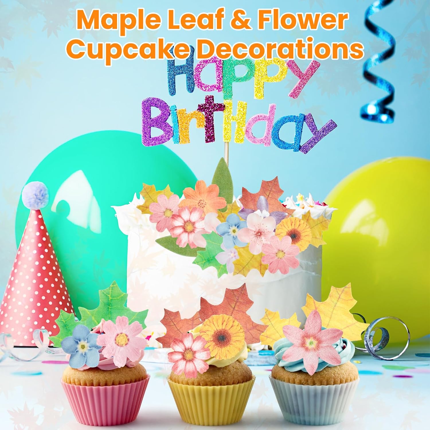 60Pcs Maple Leaf & Flower Cupcake Toppers, Edible Wafer Paper Cake Autumn Fall Leaves Daisy Flowers Decorations for Autumn Theme Thanksgiving Party Birthday Wedding Decor (Multicolor)
