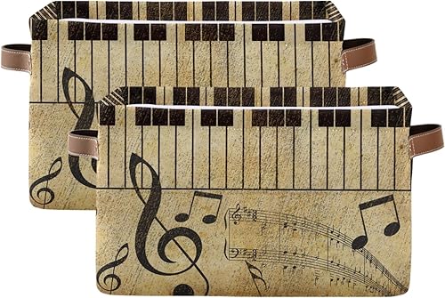 AUUXVA Cesta de almacenamiento vintage con notas musicales para piano y llaves, caja de almacenamiento de lona duradera, plegable, cesta