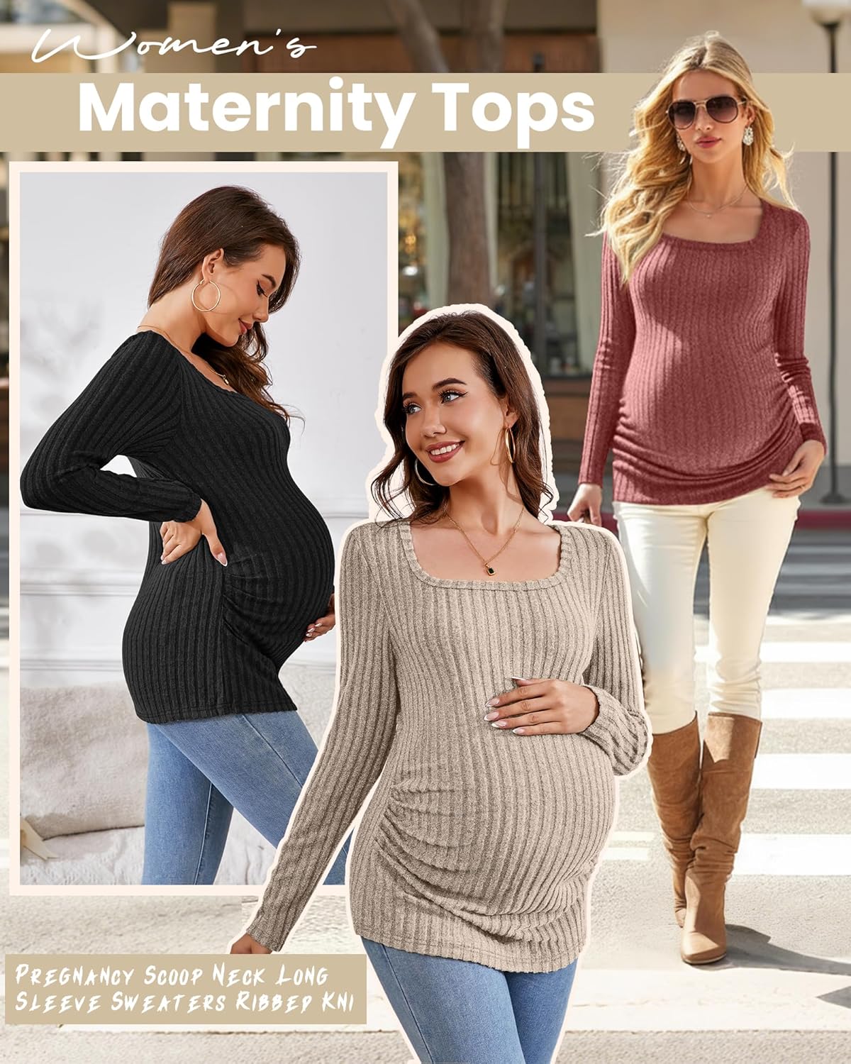Ficerd 3 Pack Women's Maternity Tops, Long Sleeve Pregnancy Sweaters Scoop Neck Ribbed Knit Casual Pregnant Tee Shirts - Image 5