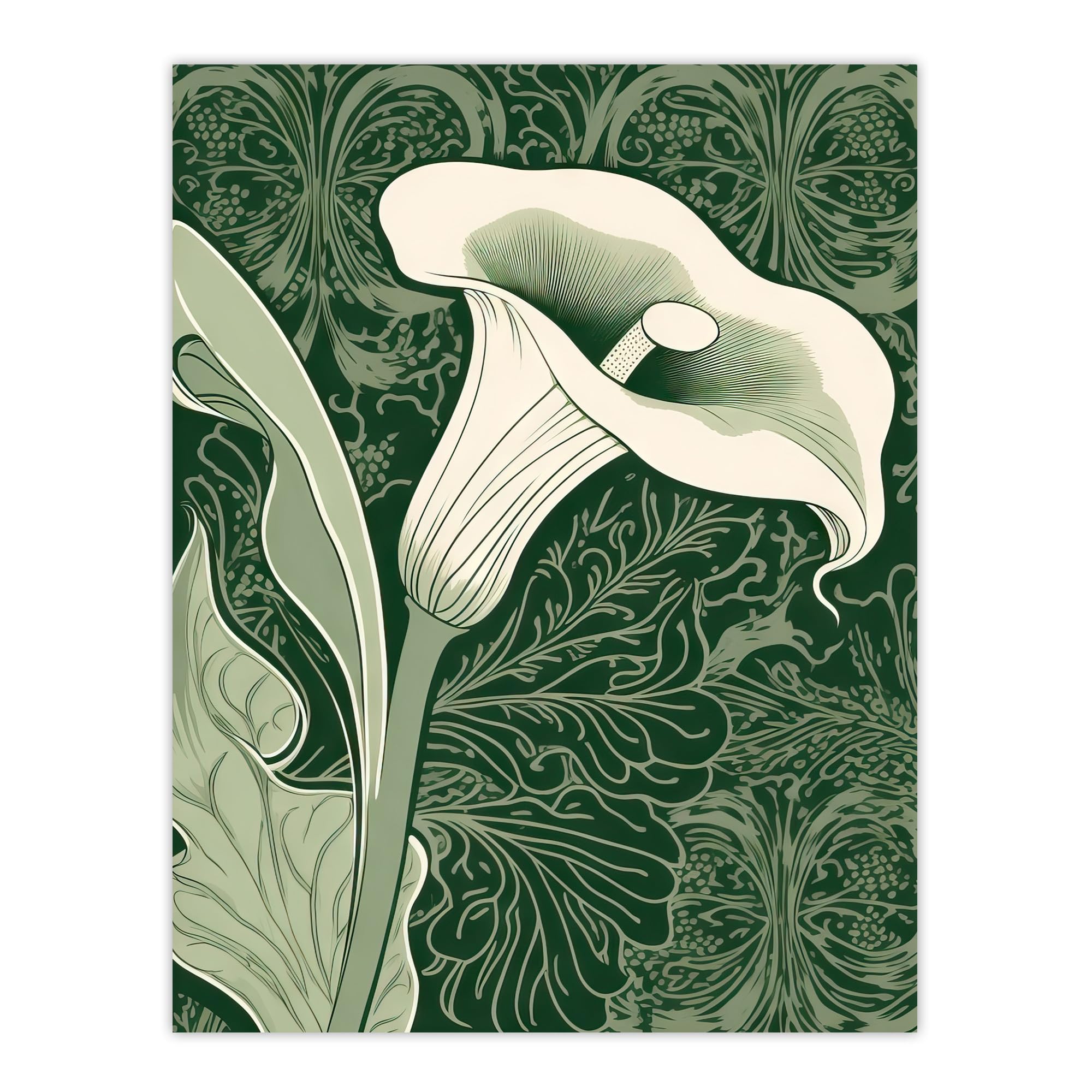 Artery8 Wall Art Print - White Cala Lily Flower - Art Nouveau - W18" x H24" - Green