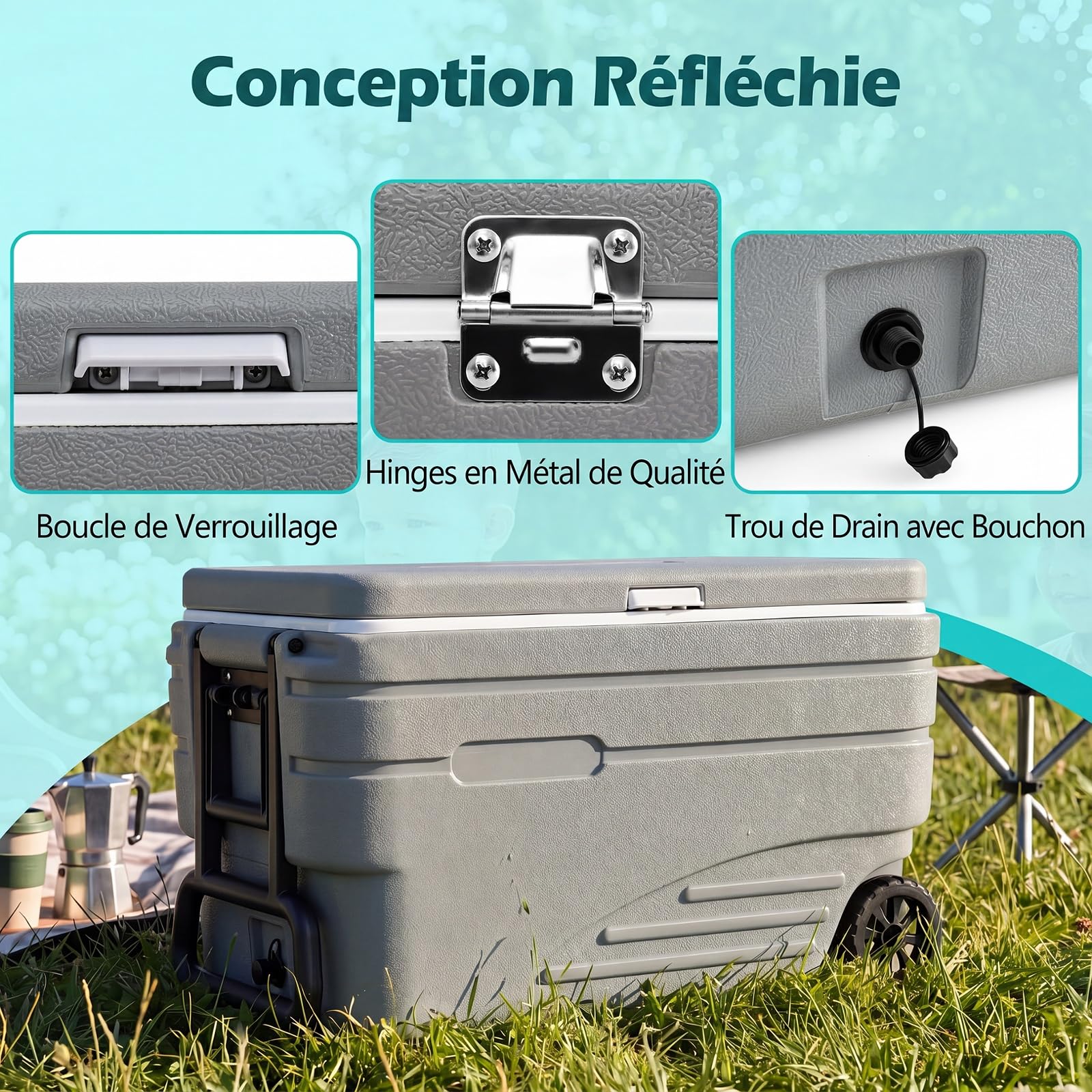COSTWAY Glacière à roulettes Portable 50L/70L/80 L/98 L | Glacière Rigide Isotherme Rétention de Glace de 5 à 7 Jours avec Bouchon de Vidange Poignée pour Camping Voiture Pêche Plage