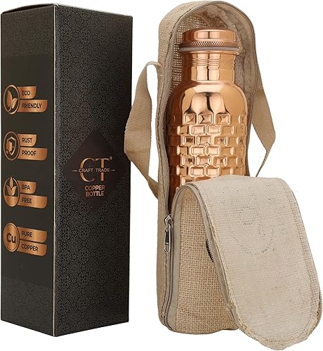 Miniatura 7 de Craft Trade Juego de 2 botellas de cobre puro con tapa y bolsa de transporte para agua potable, sin BPA, a prueba de fugas, aumenta la inmunidad y
