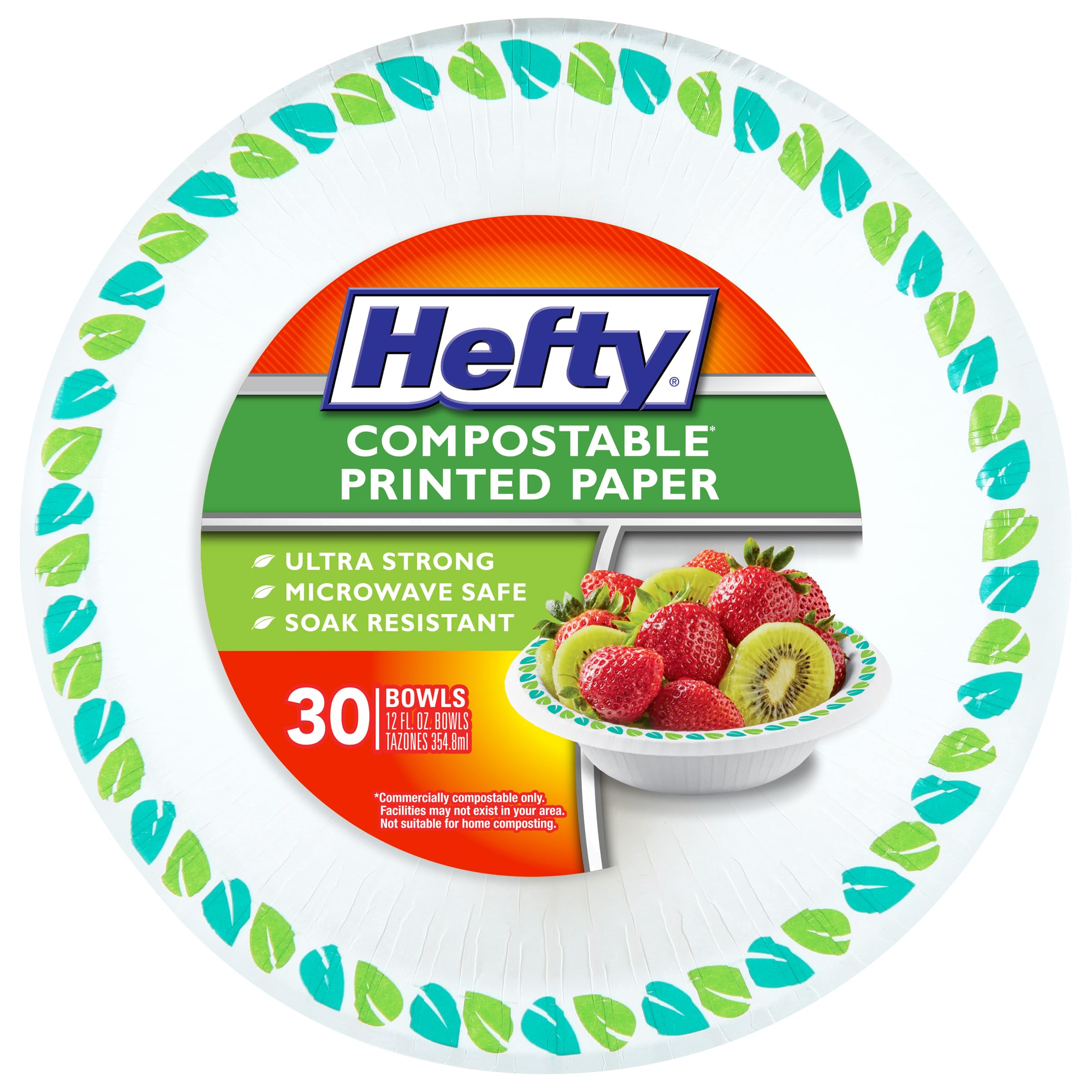 Tazones de papel compostables Hefty de 12 oz, vajilla ecológica desechable, 30 unidades