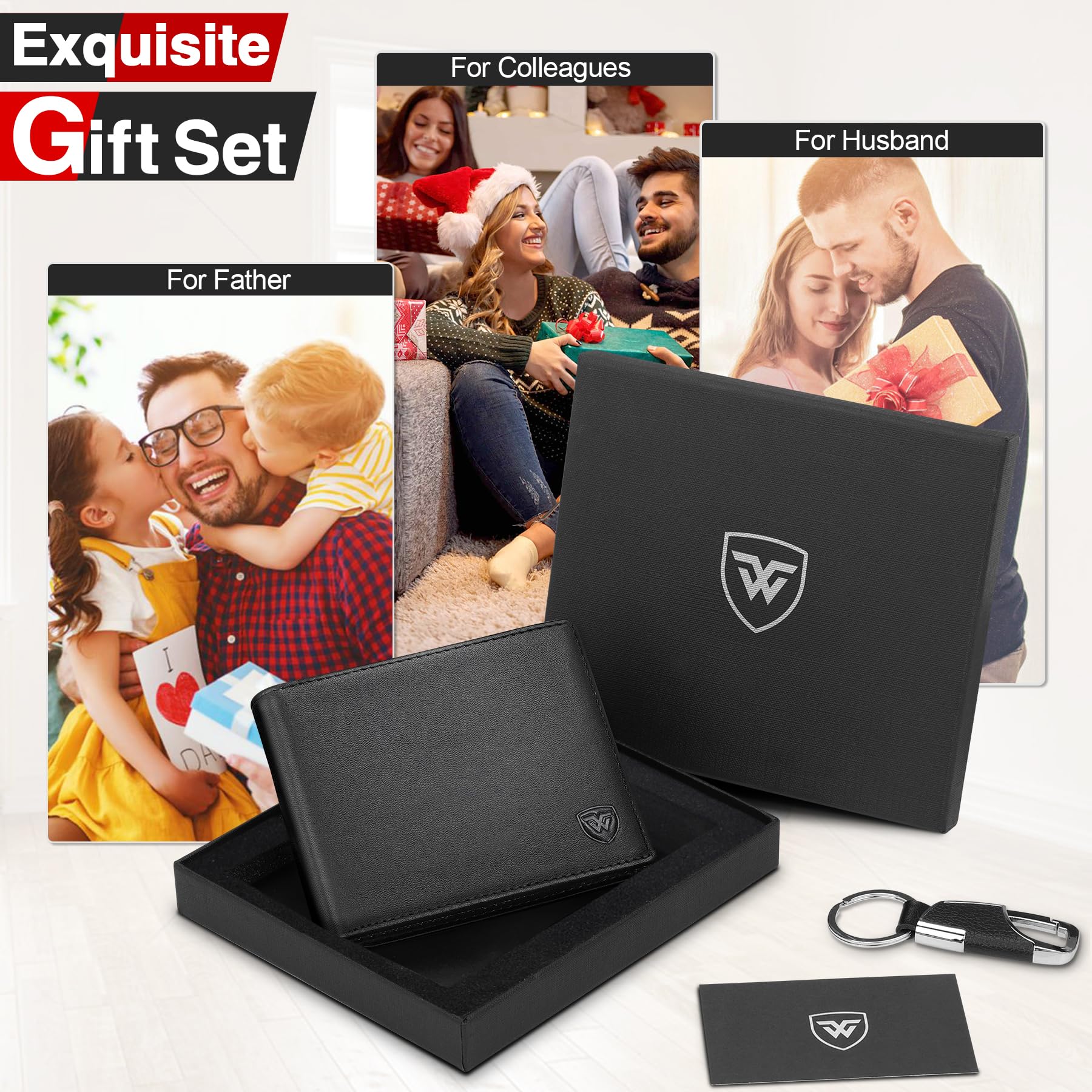 WONSEFOO Portefeuille Homme en Cuir Blocage RFID, Mince Porte-Monnaie avec Porte-Clés, 10 Porte-Carte de Crédit (fenêtre ID), 2 Compartiment à Billets, 1 Grande Poche à Monnaie, Cadeau Parfait-Noir