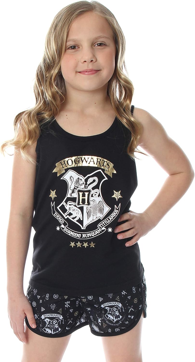 Harry Potter Big Girls' Hogwarts House Crest Racerback Tank and Shorts Pajama Lounge Set