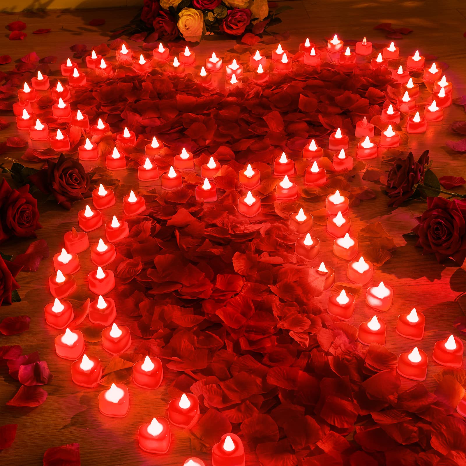 Coume 6000 Pcs Artificial Rose Petals 120 Pcs Heart LED Candles, Red Light