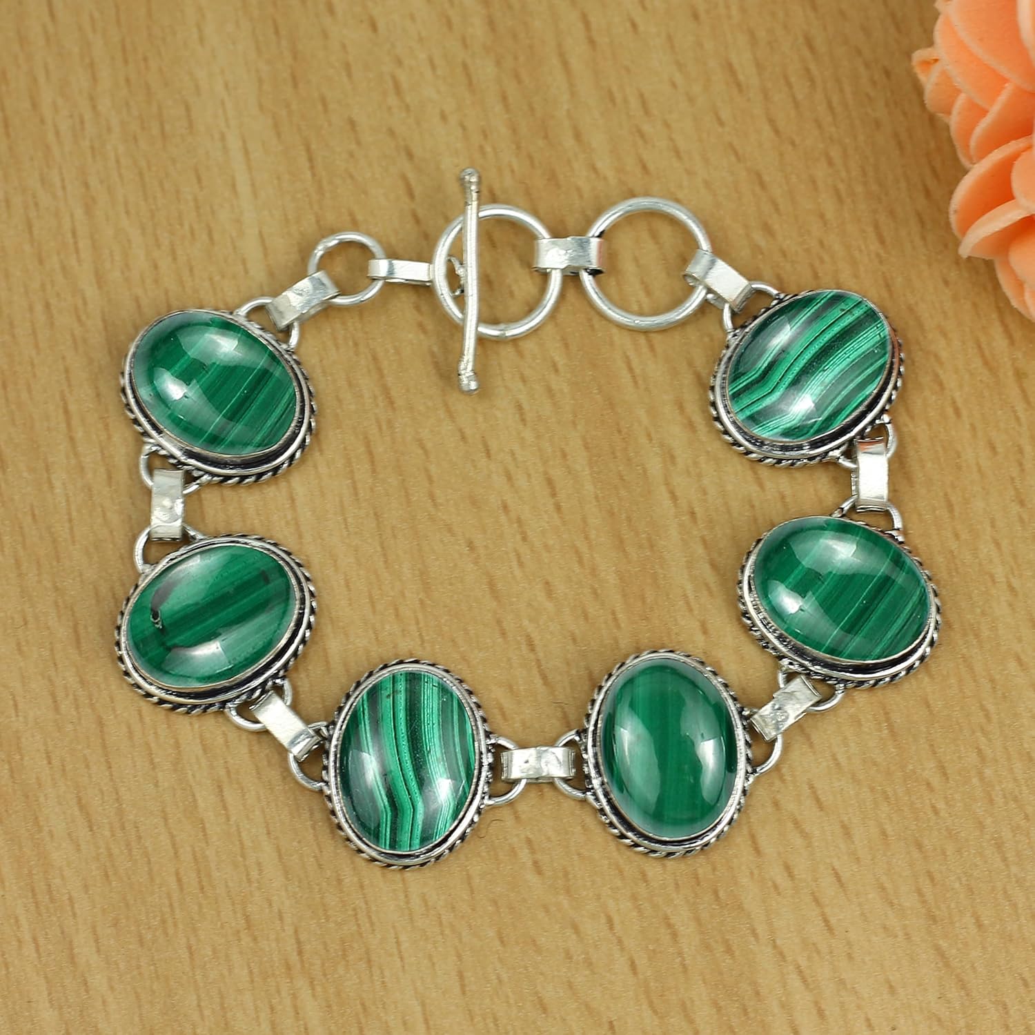 Natural Malachite Silver Plated Handmade Link Bracelet for Women - April Birthstone Oval Gemstone Adjustable Bracelet Vintage Style Bohemian Jewelry - Gifts for Mom Wife Sister Her - Image 5