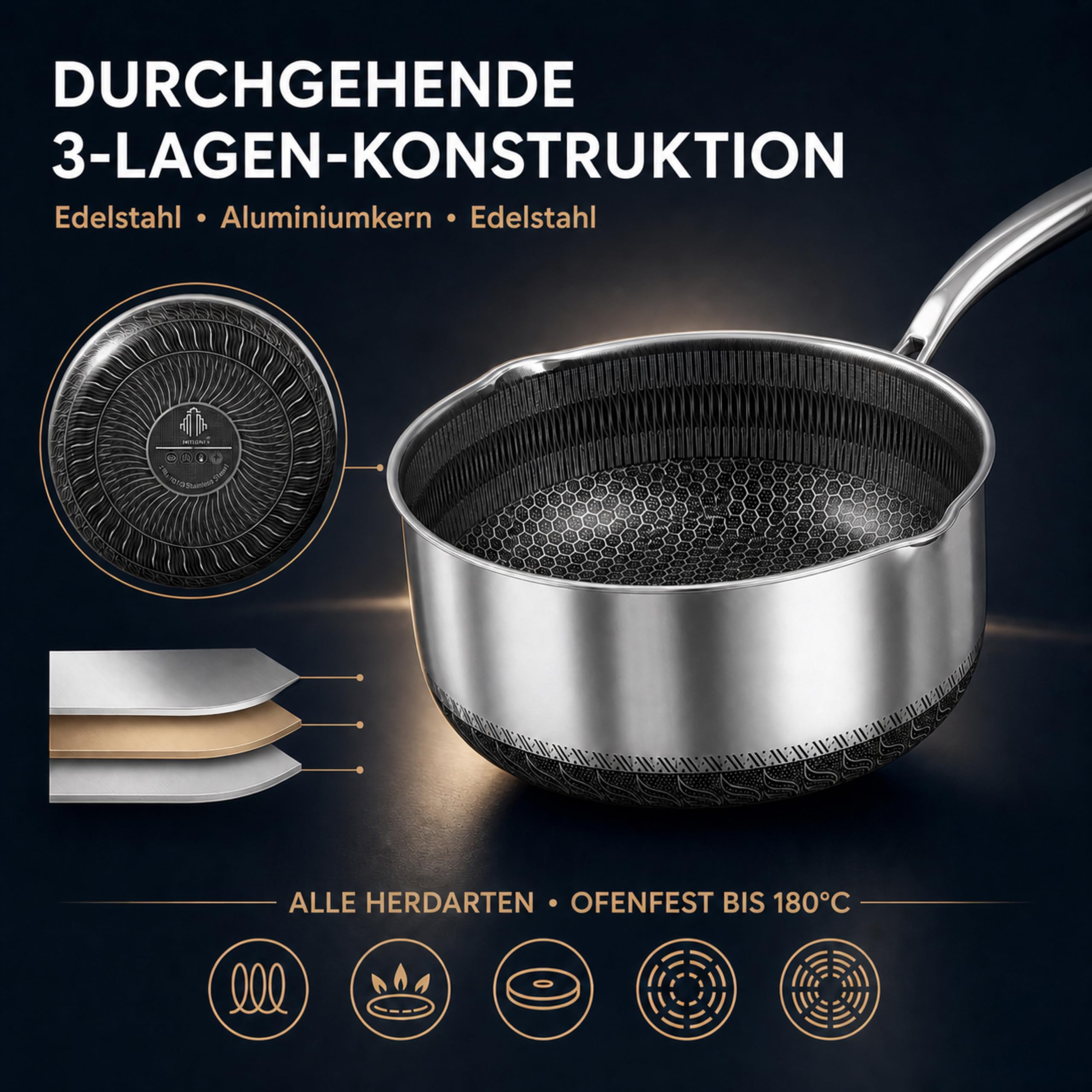 Stielkasserolle mit Deckel, 20 cm/2L, antihaftbeschichtet, für Induktion, Kochtopf mit Ausgießer, kühlbleibender Griff, kratzfest,