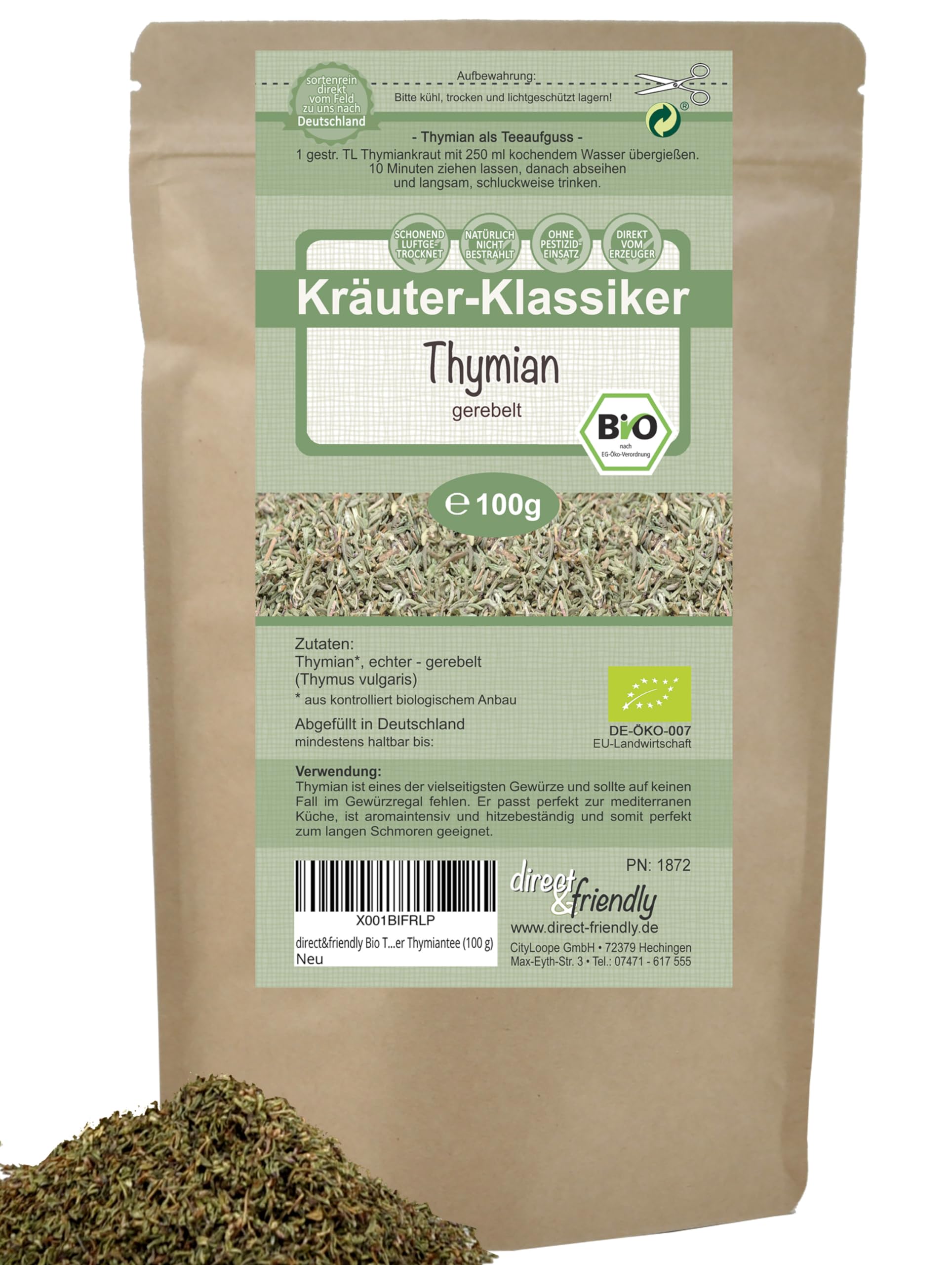 direct&friendly Bio Thymian aus Griechenland | handgeerntete Premium-Qualität | als Gewürz oder Thymian-Tee (100 g)