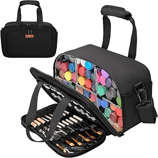 Acrylic Paint Organizer Bag with Shoulder Strap for up to 54 Paint Bottles (2 oz), Acrylic Painting Storage Case with Handle Strap, Aluminum Foil and PVC Liner for Easy Clean, Black