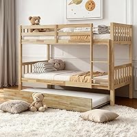 XEPAMU Twin Over Twin Bunk Bed with Trundle, Convertible to 2 Twin Beds, Solid Rubber Wood Frame, Ladder & Guardrails for Kids (White Oak)