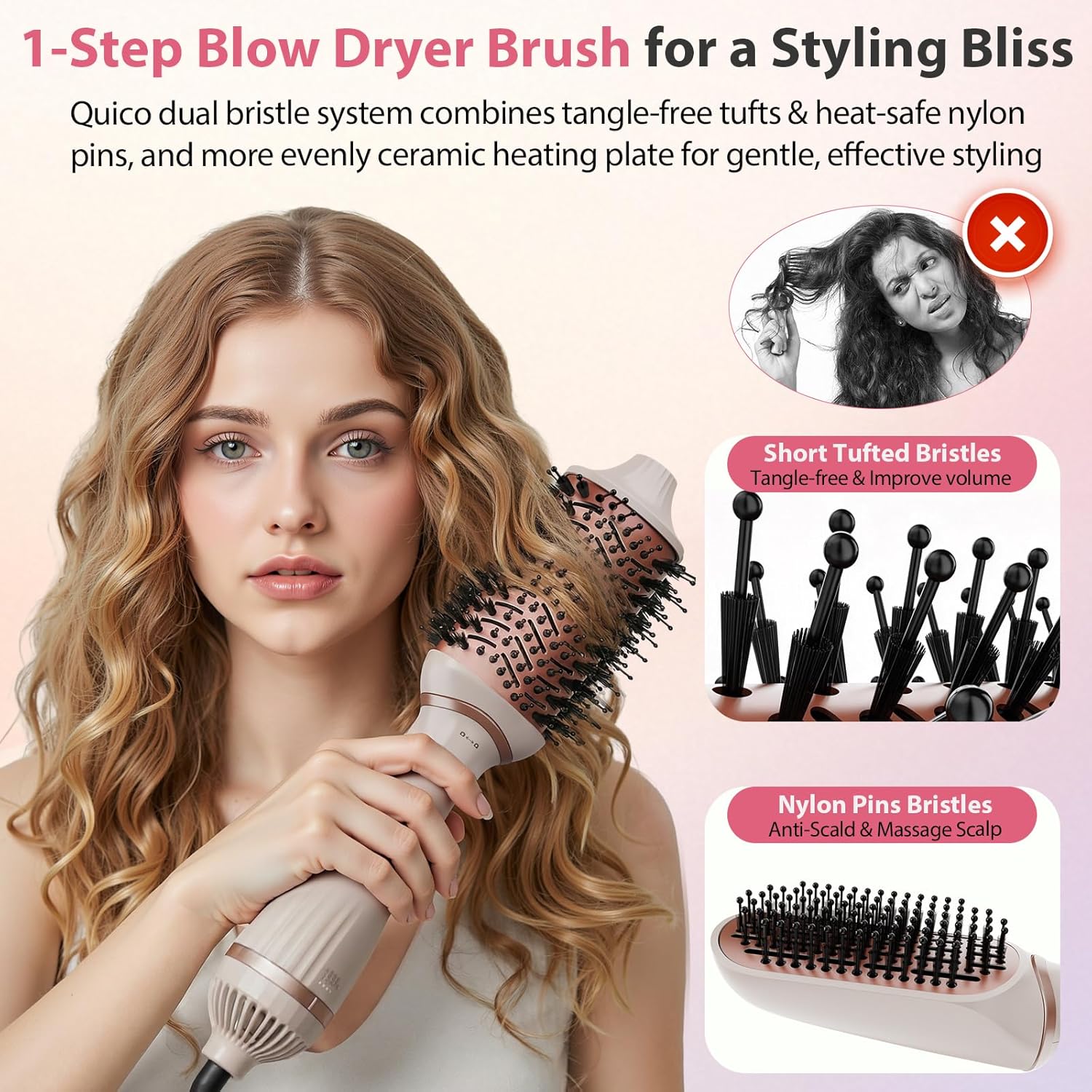 Hair Dryer Brush, Quico 4-in-1 One-Step Ionic Oval&Flat Brush, Pro Blow Dryer Brush Set with Detachable Blowout Brush, Hot Air Brush for Salon Blowout, Curl, Volumize and Straighten, Anti-frizz, Pink