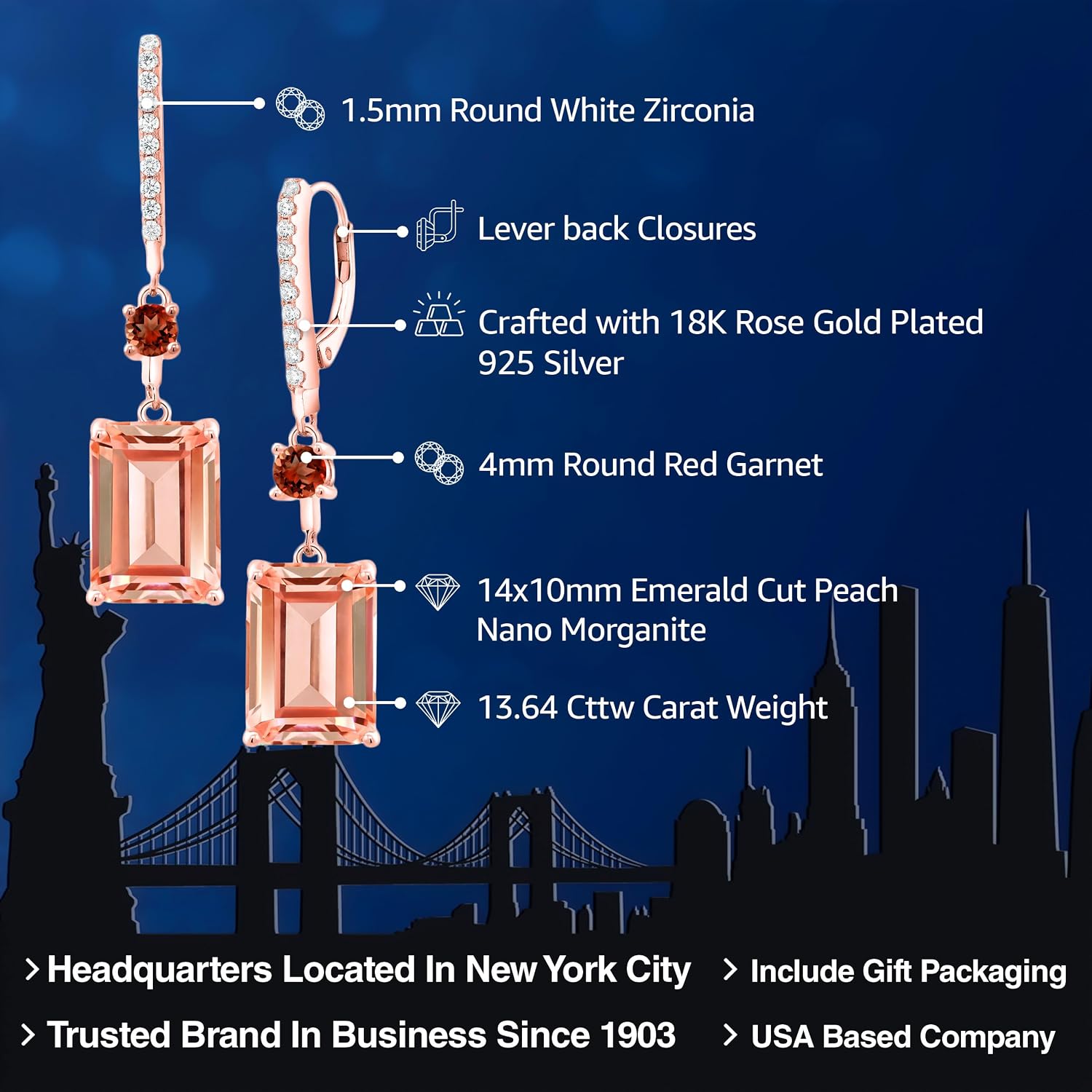 Gem Stone King 18K Rose Gold Plated Silver Peach Nano Morganite and Red Garnet Earrings For Women (13.64 Cttw, Gemstone Birthstone, Emerald Cut 14X10MM)