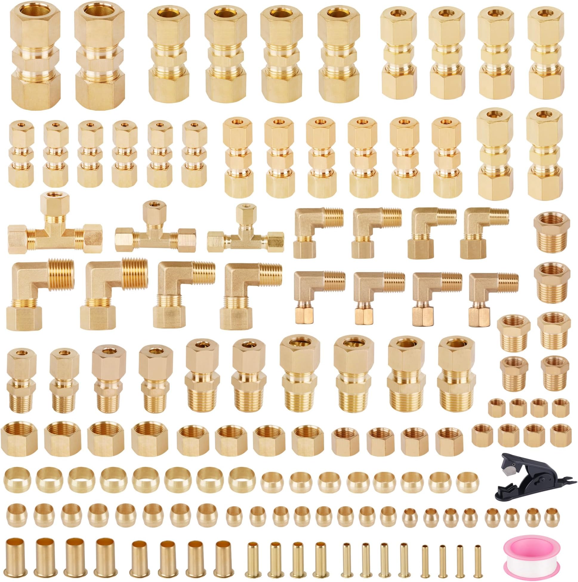 - 135PCS Brass Compression Tube Pipe Fittings Kits, 1/8" 3/16" 1/4" 3/8" 1/2" Union/Tee/Elbow/Straight Connector for Industrial Use and Trucks Trailers