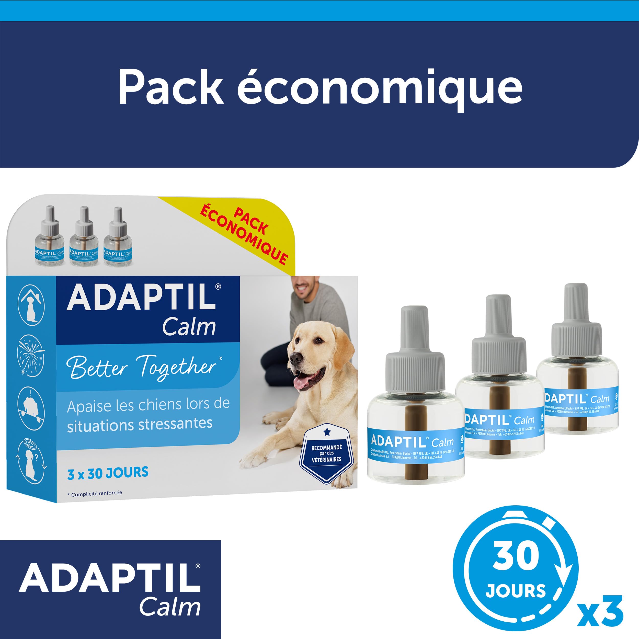 ADAPTIL Calm - Pack 3 recharges pour diffuseur Anti-Stress pour Chiens - Mode d'action Naturel - Agit Pendant 3x30 Jours - sans Somnolence - Fabriqué en France