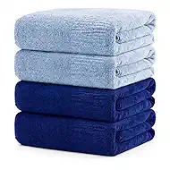 SEISSO 4 Pack Extra Large Bath Towels 63"x35", Bath Sheets for Sensitive Skin 70% Polyester 30% Viscose Fiber from Bamboo, Super Soft, Highly Absorbent & Quick Dry, Oversized (4, Light Blue+Dark Blue)