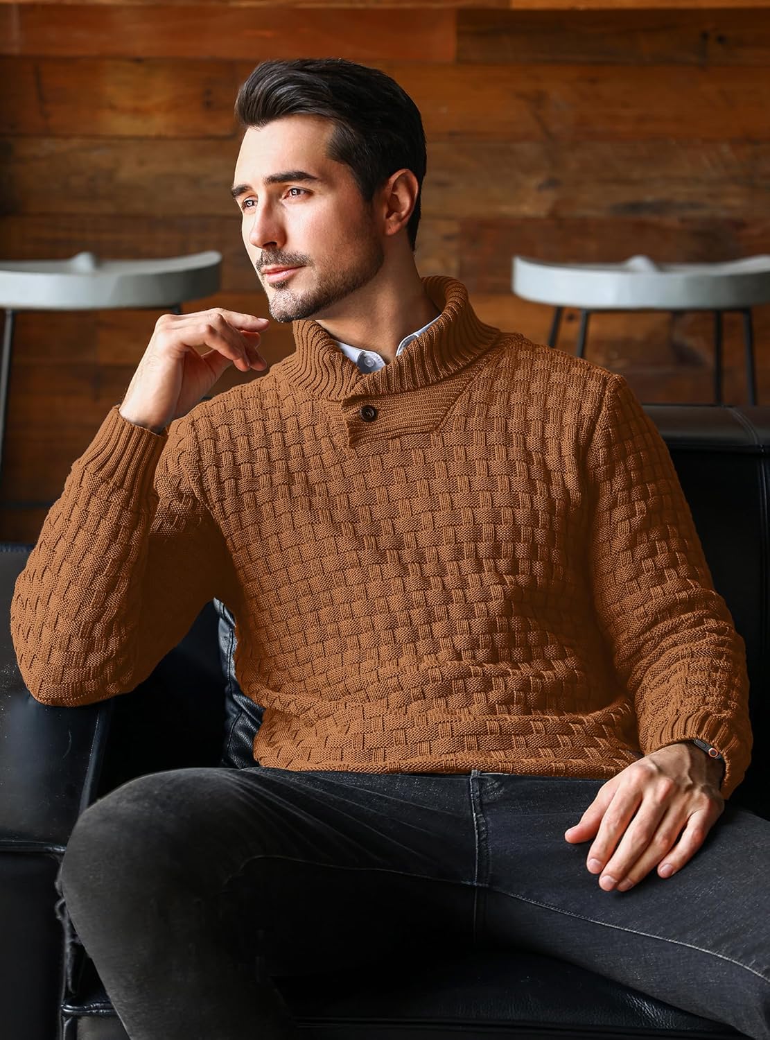 Mens Pullover Shawl Collar Long Sleeve Turtleneck Cable Knit Sweater