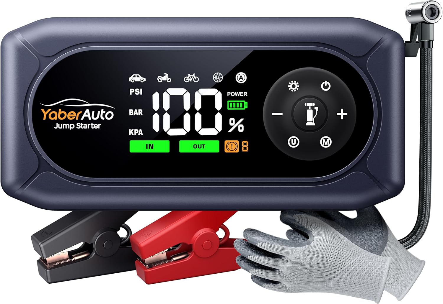 Product image of YaberAuto 9-in-1 Jump Starter with Air Compressor 4500A 150PSI Portable Car Battery Jump Starter (9L Gas/8L Diesel), Jump Box Car Battery Jumper Starter Portable Jumper Cables, Insulated Gloves, Light