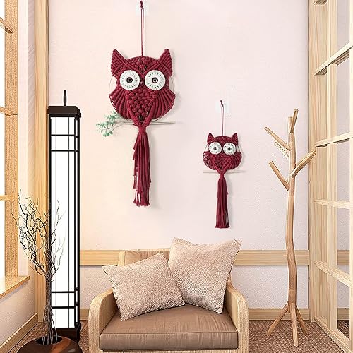 Miniatura 4 de MVSUTA Owl Burgundy Cotton Handmade Macrame Wall Hanging Tapestry Home Decor Art and Red Craft Wonderful Decoration Woven Boho Ornament for Office
