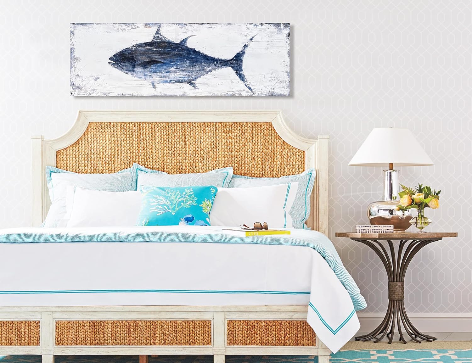 BATRENDY ARTS Tuna Picture Wall Art Navy Blue and White Fish Canvas Painting Nautical Beach Coastal Style Artwork for Bathroom Livingroom Ready to hang Tuna 12Wx36L