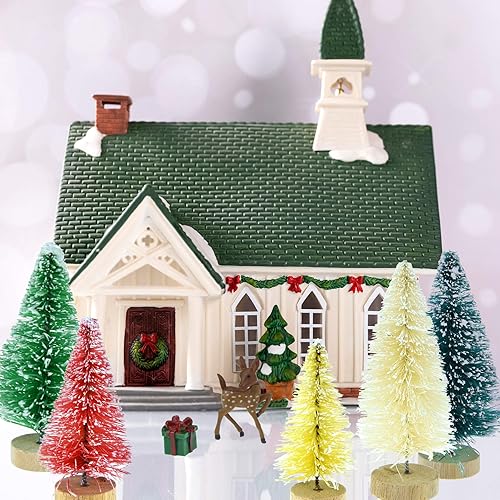 Miniatura 6 de Yookat 51 árboles artificiales de pinos con base de madera, cepillo de botella de sisal, árboles de colores surtidos y cajas de ciervos, adornos de