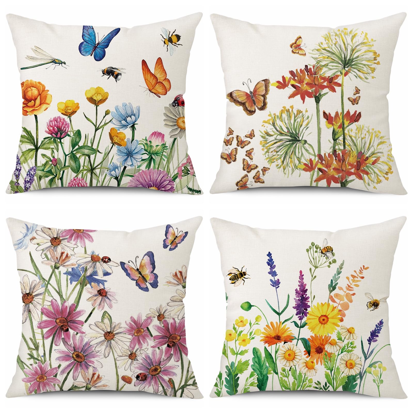 wyooxoo Throw Pillow Covers 18x18 Set of 4 Summer Spring Pillow Covers Flower Butterfly Farmhouse Cushion Case for Sofa Couch Outdoor Patio