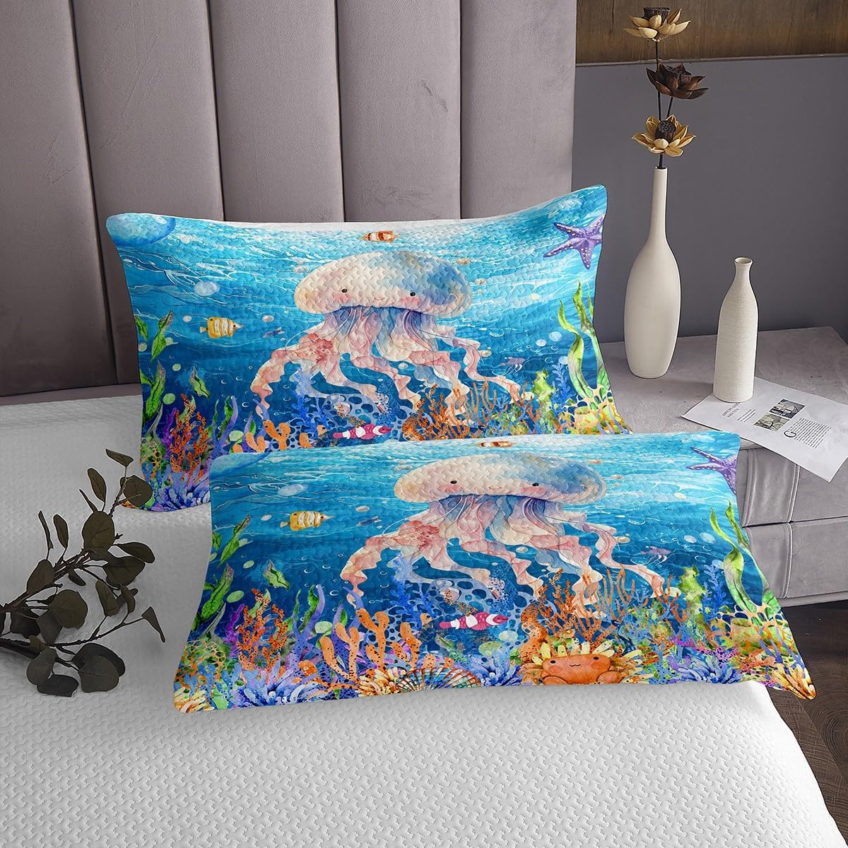 Feelyou Blue Jellyfish Bedspread for Toddler Girls Boys Kids Queen Size Ocean Quilted Coverlet Room Decor Sea Creature Underwater World Coverlet Set Marine Life Sealife Quilted Quilt Set