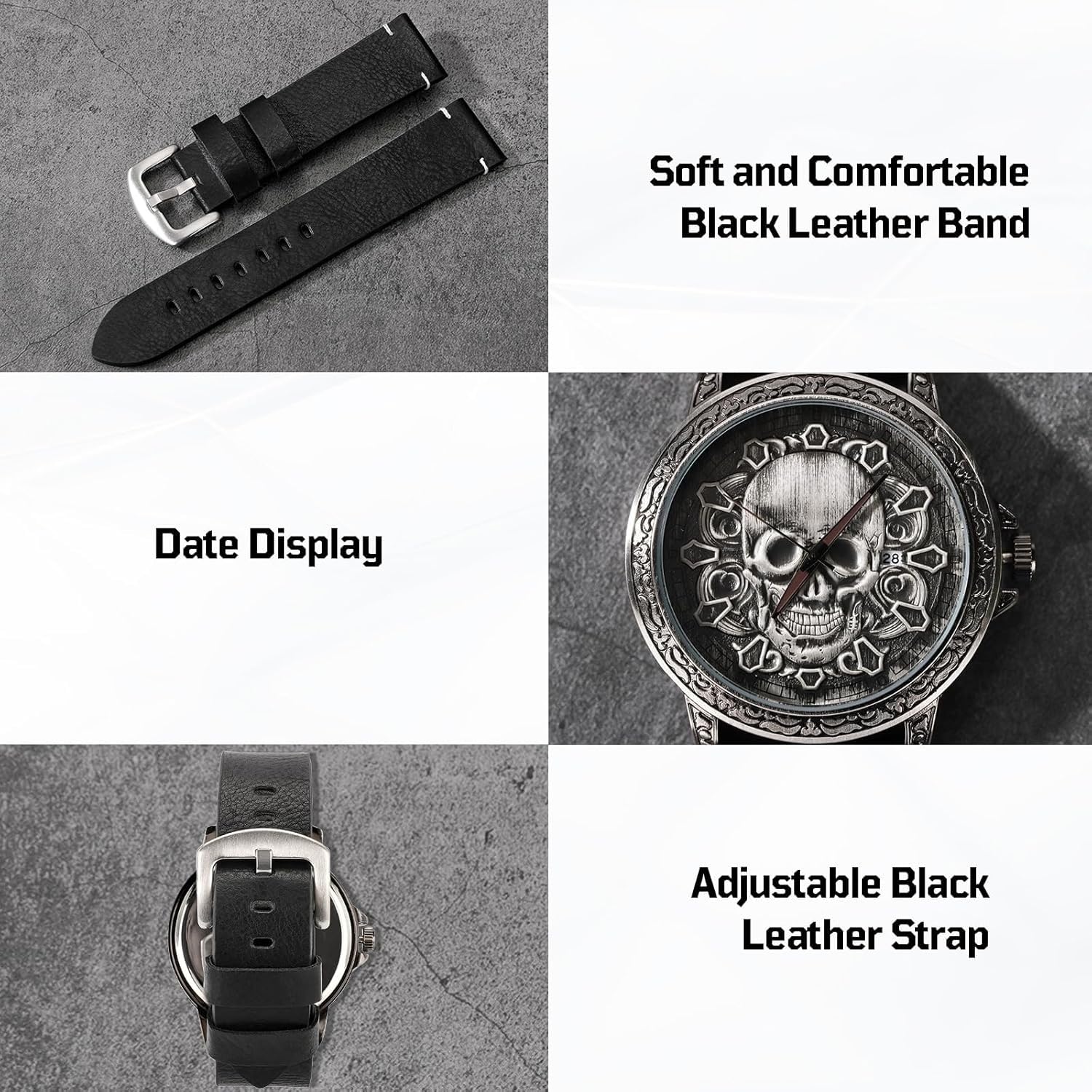 Reloj de pulsera casual de Halloween con diseño de calavera para hombre, correa de piel auténtica, caja de regalo