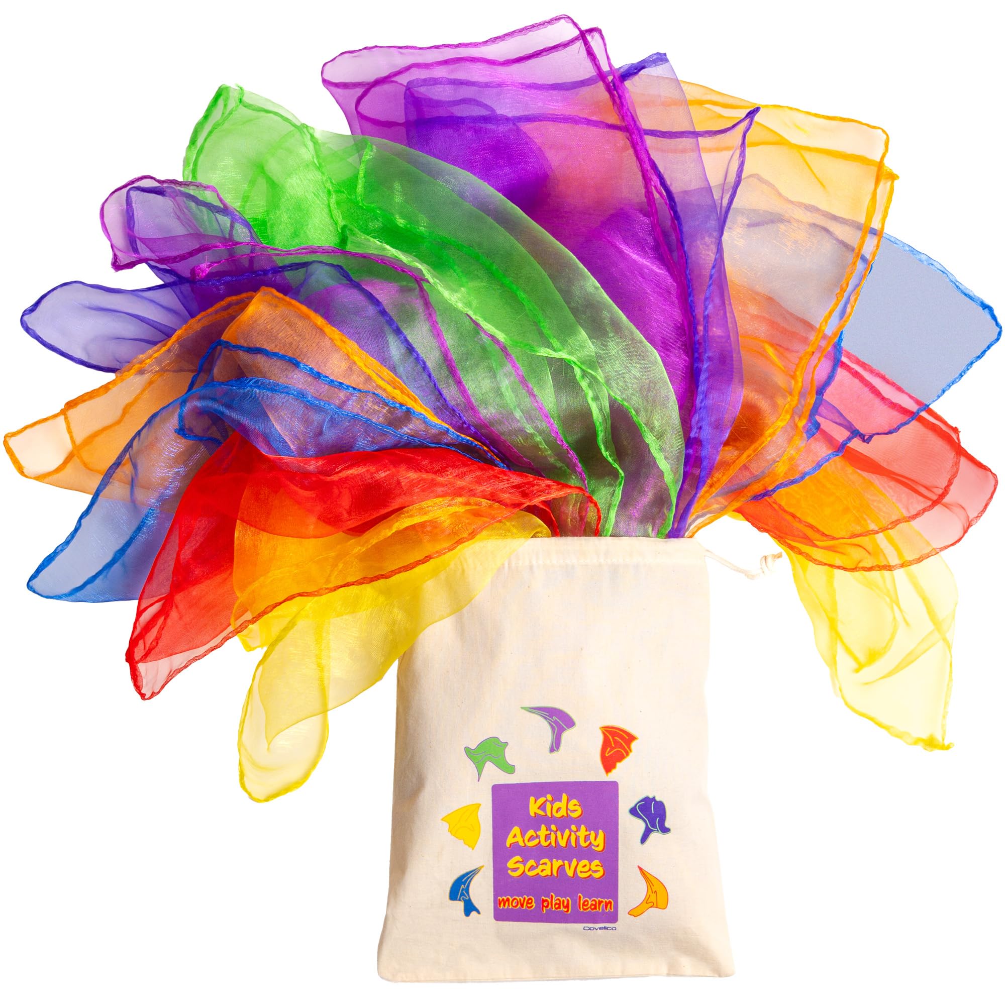 Covelico Play Scarves for Kids (14 Pack) – Montessori-Inspired Sensory Dance Scarves for Toddlers & Preschool, 7 Pairs of Music & Movement Props for Classroom, Daycare & PE, Waldorf Gross Motor Toys