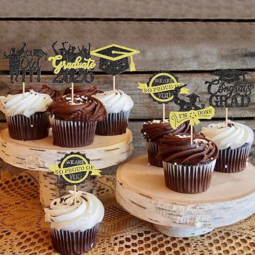 Miniatura 7 de Ercadio 30 piezas 2026 decoraciones para cupcakes de graduación 2026 con purpurina negra y dorada con texto en inglés You Did It para cupcakes