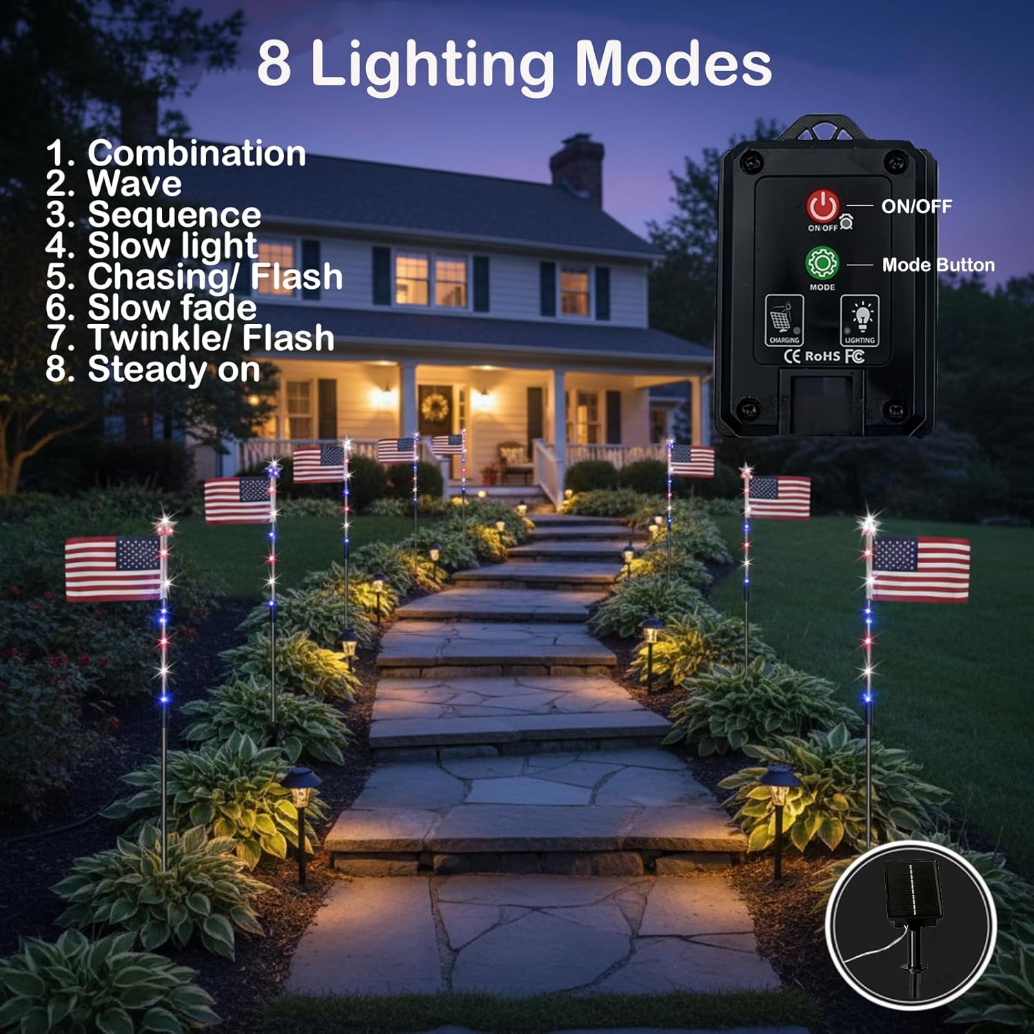 4th of July Decorations Outdoor American Flag Lights, 8-Pack Solar Powered Pathway Lights with USA Flags and LED Stars, Red White and Blue Patriotic Yard Decor, 26.5 Inch